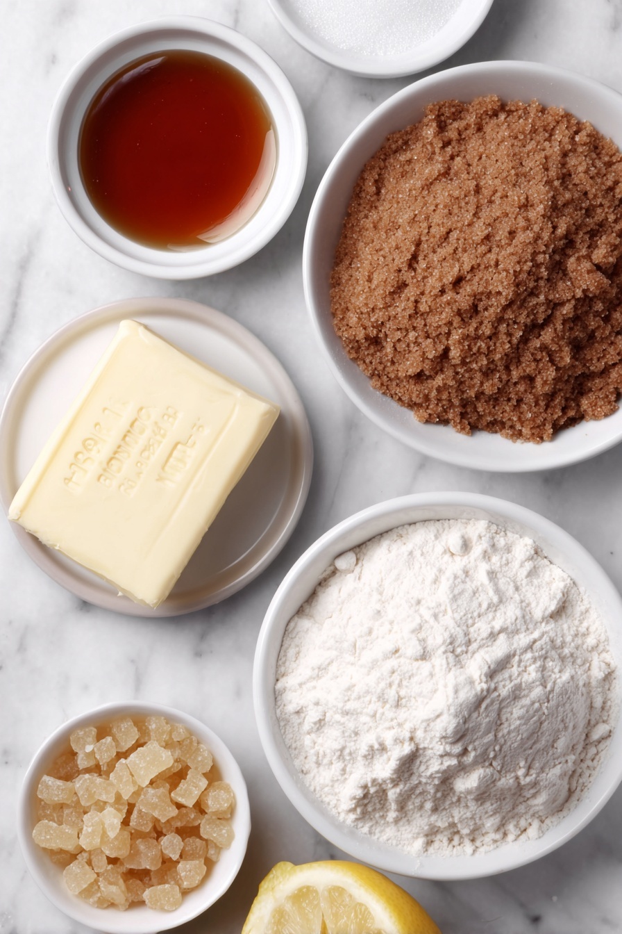 Brandy Snap Cookies, crispy caramel cookies, homemade brandy snaps, holiday cookie recipes, delicate cookie treats - Flat lay of a small square of fresh golden butter, a small white ceramic bowl filled with golden caster sugar crystals, another small white bowl with rich amber golden syrup, a small white bowl containing clear brandy, a neat pile of plain all-purpose flour on a simple white ceramic plate, a heap of warm brown ground ginger on a white ceramic dish, and a pristine half lemon with bright yellow zest visible placed beside it, all arranged symmetrically and balanced, placed on a clean white marble surface, soft natural light, photo taken with an iPhone, professional food photography style, fresh ingredients, white ceramic bowls, no bottles, no duplicates, no utensils, no packaging --ar 2:3 --v 7 --p m7354615311229779997