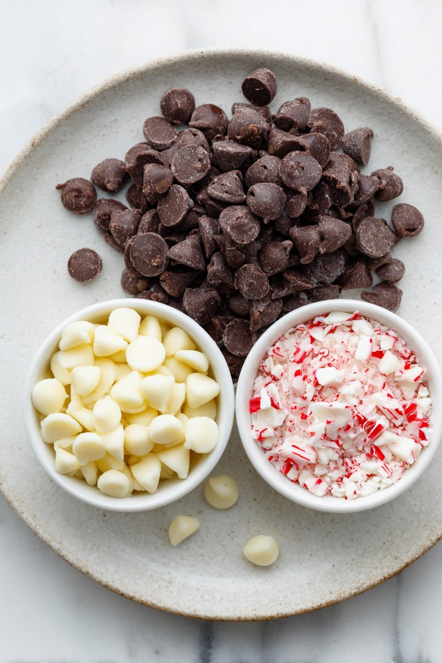 Best Peppermint Bark, peppermint bark dessert, holiday peppermint bark, easy peppermint bark recipe, festive peppermint bark - Flat lay of a small pile of smooth dark chocolate chips, a small pile of creamy white chocolate chips, two small white ceramic bowls each filled with crushed red and white peppermint candy pieces, placed symmetrically around the chocolates, all ingredients fresh and natural, arranged with perfect balance and symmetry on a simple white ceramic plate, placed on a clean white marble surface, soft natural light, photo taken with an iPhone, professional food photography style, fresh ingredients, white ceramic bowls, no bottles, no duplicates, no utensils, no packaging --ar 2:3 --v 7 --p m7354615311229779997