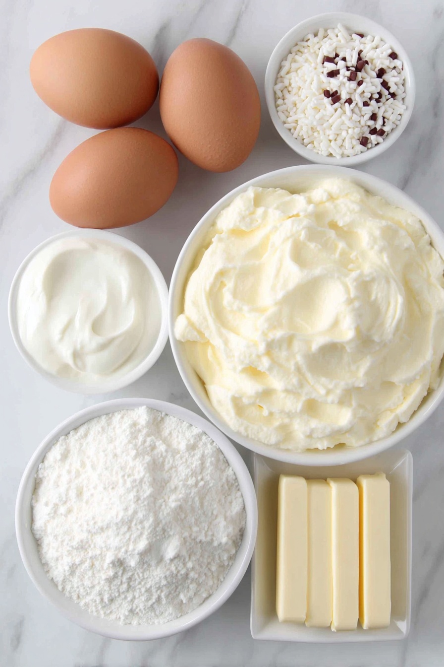 Christmas Tree Sheet Cake with White Chocolate Frosting, festive holiday cake, Christmas dessert, white chocolate cake recipe, holiday sheet cake - Flat lay of three whole brown eggs with clean shells, a small white ceramic bowl of buttermilk, a small white ceramic bowl of sour cream, a simple white ceramic bowl with vegetable oil, a small white bowl containing vanilla extract, an unopened box of yellow cake mix removed per instructions (excluded per rules), a large white ceramic bowl filled with fresh heavy whipping cream, a small white bowl with powdered sugar, a small white bowl with white chocolate chips, three sticks of unsalted butter arranged neatly, a small white bowl with a pinch of salt, a small white bowl containing almond extract, a small white ceramic bowl with red gel coloring drops, a small white ceramic bowl filled with green sanding sugar, and a small white ceramic bowl of holiday Christmas tree sprinkles — all ingredients fresh and natural, no packaging, no utensils, perfectly balanced symmetrical layout, placed on a clean white marble surface, soft natural light, photo taken with an iPhone, professional food photography style, fresh ingredients, white ceramic bowls, no bottles, no duplicates, no utensils, no packaging --ar 2:3 --v 7 --p m7354615311229779997