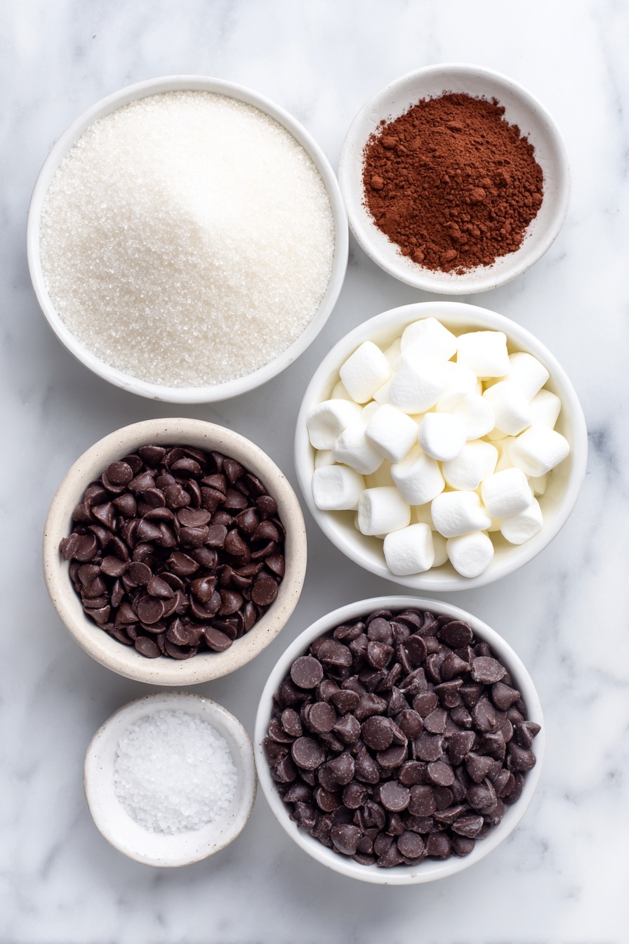 Homemade Hot Chocolate Bombs, hot chocolate bombs recipe, how to make hot chocolate bombs, DIY hot chocolate bombs, hot cocoa bombs at home - Flat lay of a small heap of granulated sugar, a small mound of rich cocoa powder, a tiny pinch of kosher salt on the side, a white ceramic bowl filled with glossy semi-sweet chocolate chips, a small white bowl containing fine chocolate milk powder, a small white bowl with miniature white marshmallows, all arranged with perfect symmetry and balanced proportions on a clean white marble surface, soft natural light, photo taken with an iPhone, professional food photography style, fresh ingredients, white ceramic bowls, no bottles, no duplicates, no utensils, no packaging --ar 2:3 --v 7 --p m7354615311229779997