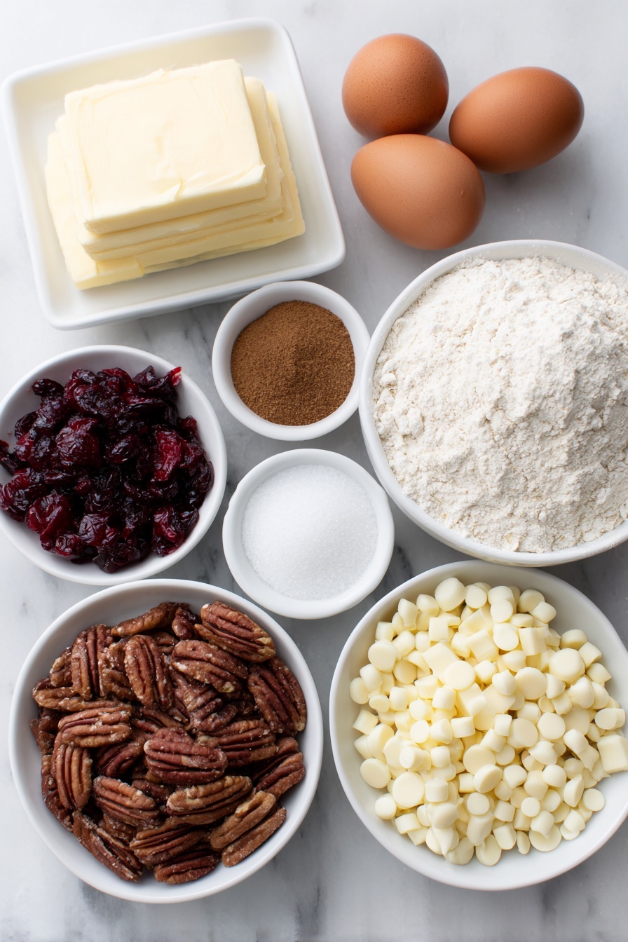 Cranberry Oatmeal Cookies, cranberry oatmeal cookie recipe, chewy cranberry cookies, festive oatmeal cookies, easy cranberry cookies - Flat lay of a small pile of creamy unsalted butter, a heap of brown sugar crystals, a mound of granulated white sugar, two whole uncracked brown eggs with clean shells, a small white ceramic bowl of clear vanilla extract, a neat stack of all-purpose flour, a small white bowl holding fine baking soda powder, a small white bowl with ground cinnamon, a small white bowl of fine salt crystals, a generous scoop of old fashioned rolled oats, fresh quartered bright red cranberries, chopped pecan halves, and a small pile of white chocolate chips all arranged symmetrically in simple white ceramic bowls and on a clean white ceramic plate, placed on a clean white marble surface, soft natural light, photo taken with an iPhone, professional food photography style, fresh ingredients, white ceramic bowls, no bottles, no duplicates, no utensils, no packaging --ar 2:3 --v 7 --p m7354615311229779997