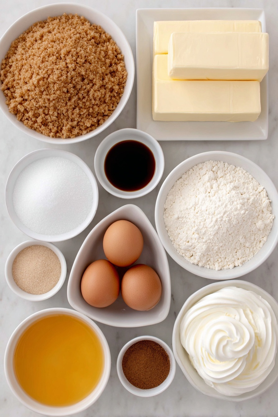 Pumpkin Cheesecake with Gingersnap Crust, pumpkin cheesecake, fall dessert recipes, gingersnap crust cheesecake, holiday pumpkin dessert - Flat lay of a simple white ceramic bowl filled with crushed gingersnap cookies, a small white bowl of granulated sugar, a small white bowl with melted unsalted butter, several blocks of fresh cream cheese stacked neatly, a small white bowl of packed light brown sugar, a small white bowl of granulated sugar, a small white bowl with heavy whipping cream, a small white ceramic bowl holding smooth orange pumpkin puree, a small white bowl of all-purpose flour, a small white bowl with ground cinnamon, a small white bowl with ground nutmeg, a small white bowl with ground ginger, a small white bowl with ground cloves, four large whole uncracked brown eggs arranged symmetrically, a small white bowl filled with vanilla extract liquid, and a small white bowl of fluffy Cool Whip, placed on a clean white marble surface, soft natural light, photo taken with an iPhone, professional food photography style, fresh ingredients, white ceramic bowls, no bottles, no duplicates, no utensils, no packaging --ar 2:3 --v 7 --p m7354615311229779997