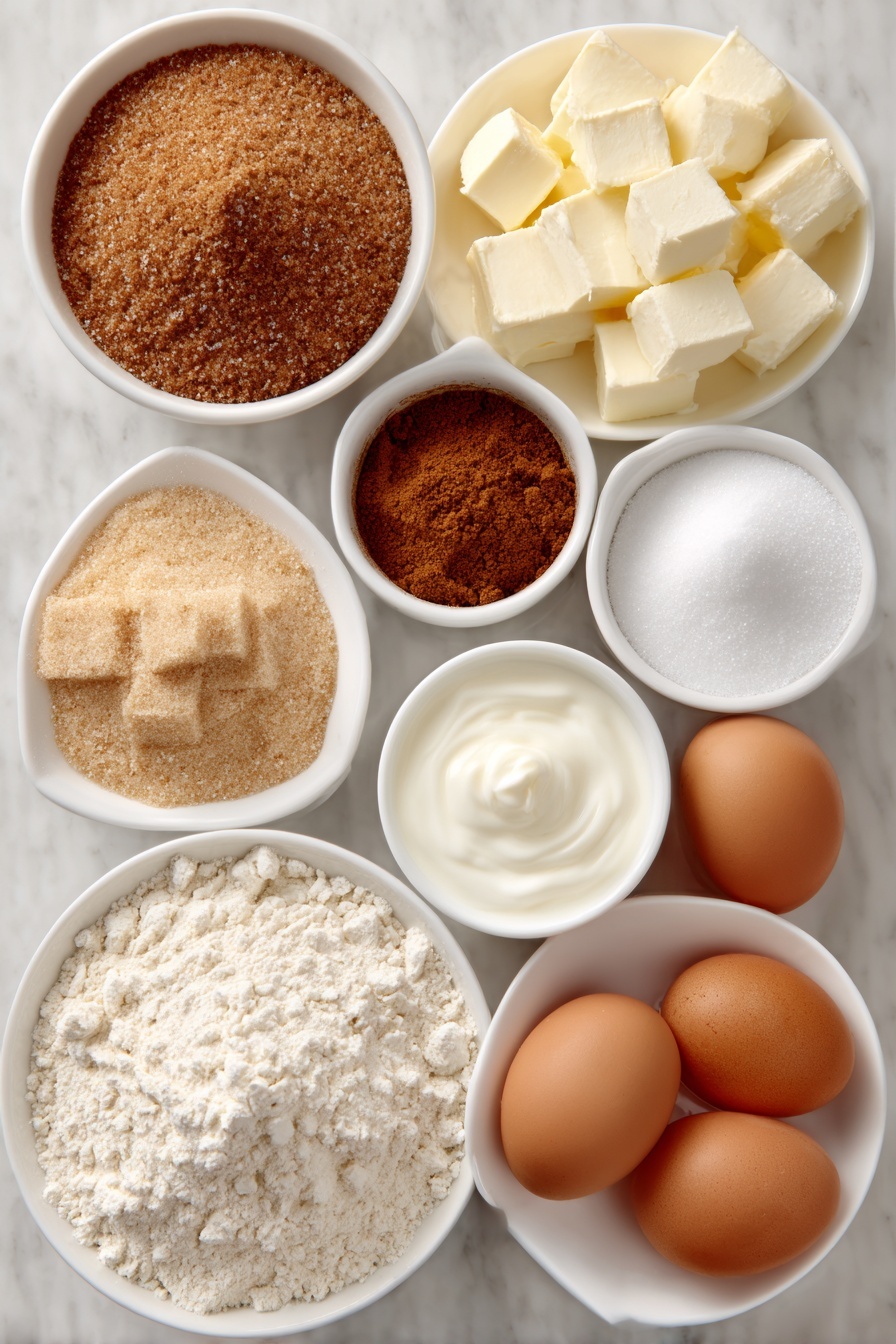 Sour Cream Coffee Cake with Streusel Topping, moist coffee cake recipe, easy streusel coffee cake, breakfast coffee cake with sour cream, tangy sour cream coffee cake - Flat lay of a small mound of pale all purpose flour, a small pile of packed light brown sugar, a small heap of ground cinnamon, a pinch of kosher salt, several small cubes of cold unsalted butter, another small heap of granulated sugar, two whole large brown eggs with clean shells, a small white ceramic bowl of sour cream, a small white bowl of whole milk, a small white bowl of powdered sugar, placed on a clean white marble surface, soft natural light, photo taken with an iPhone, professional food photography style, fresh ingredients, white ceramic bowls, no bottles, no duplicates, no utensils, no packaging --ar 2:3 --v 7 --p m7354615311229779997