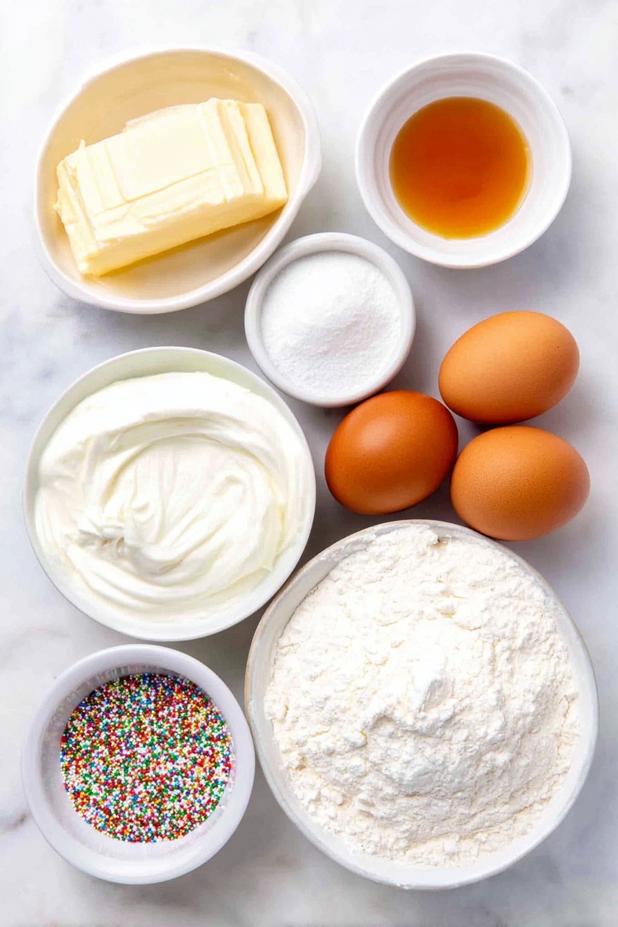 Christmas Sprinkles Bread, festive bread recipes, colorful holiday bread, easy holiday bread, Christmas baking ideas - Flat lay of a small mound of unsalted butter softened, a small white bowl of granulated sugar, a small white bowl of golden vanilla extract, three large whole brown eggs with clean shells, a small white bowl of thick sour cream, a small white bowl of whole milk, a small mound of all-purpose flour, a small white bowl containing a mix of baking powder, baking soda, salt, and ground cinnamon, a small white bowl filled with colorful Christmas sprinkles, a small white bowl of powdered sugar, a small white bowl of heavy cream, placed on a clean white marble surface, soft natural light, photo taken with an iPhone, professional food photography style, fresh ingredients, white ceramic bowls, no bottles, no duplicates, no utensils, no packaging --ar 2:3 --v 7 --p m7354615311229779997