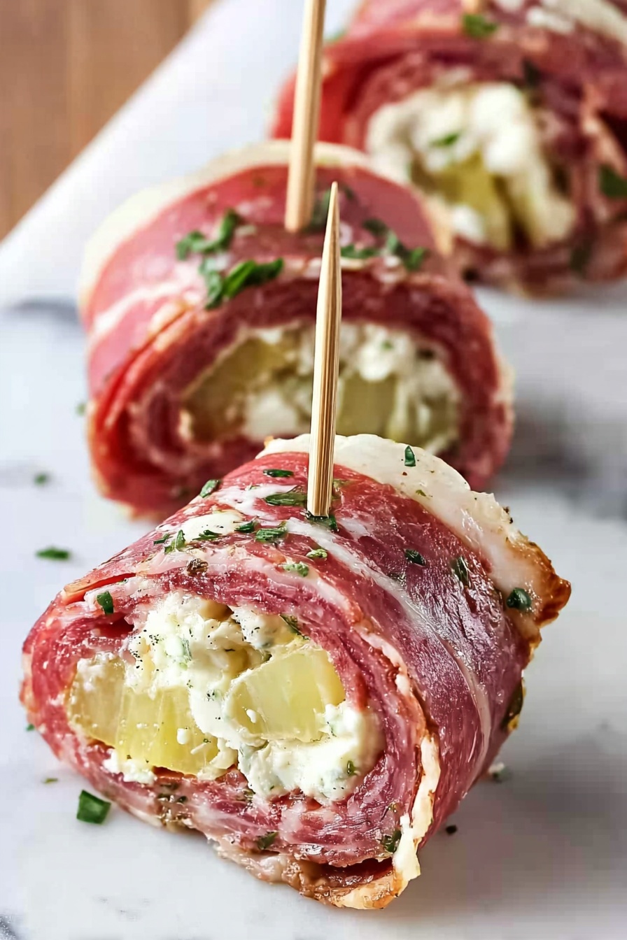 Salami Pinwheels with Cream Cheese and Peppers, savory salami appetizer, easy savory snacks, no-bake party appetizers, quick party snacks - The image shows three small rolled snacks on a white marbled surface, each secured with a wooden toothpick at the center. Each roll has multiple layers starting with thin slices of pinkish-red meat wrapped on the outside, sprinkled lightly with chopped green herbs. Inside the meat layer is a creamy pale yellow filling mixed with soft white cheese and small pieces of what looks like pickled vegetables. The texture of the rolls is moist and smooth on the outside, with a visible contrast between the dense meat and soft filling inside. The photo taken with an iphone --ar 2:3 --v 7