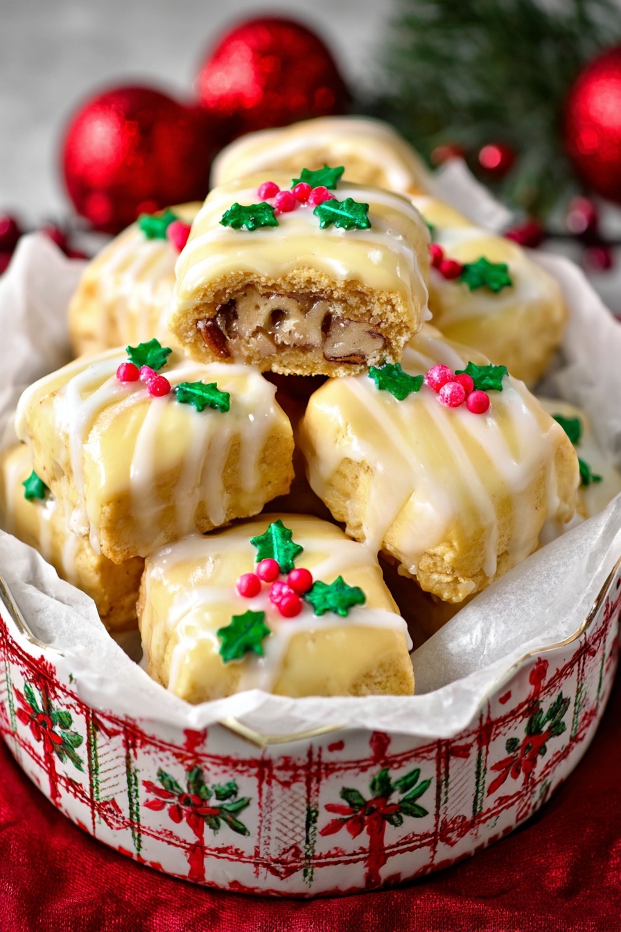 Gingerbread Cookie Log Rolls, festive gingerbread log rolls, homemade gingerbread Christmas treats, holiday gingerbread cookies, Nutella-lime gingerbread logs - The image shows a white tree-shaped dish filled with light beige square-shaped bars arranged in neat layers, with one layer stacked a bit higher in the center. Each bar has a smooth texture with faint drizzle lines on top and is decorated with a small green holly leaf and three red berry-shaped candy pieces. The dish sits on a red cloth background with shiny silver and red round ornaments softly blurred behind it. photo taken with an iphone --ar 2:3 --v 7