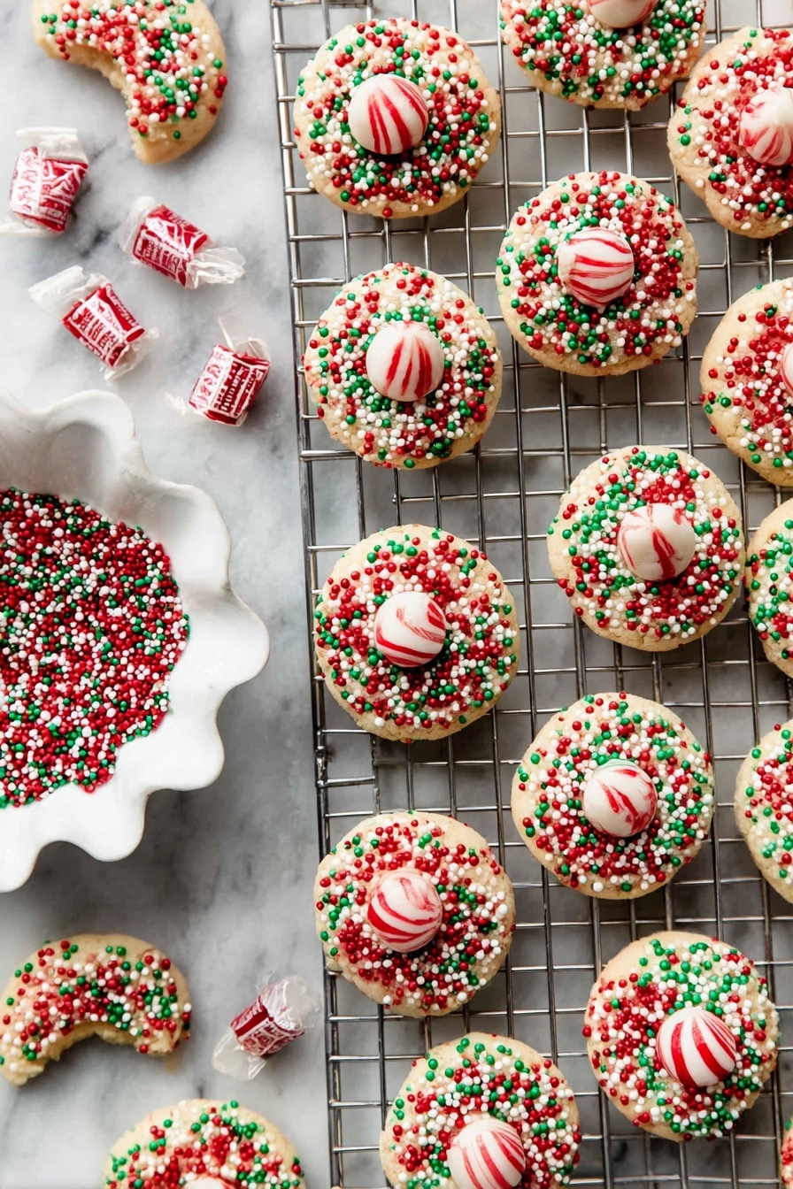 Candy Cane Kiss Cookies, Candy Cane Kiss Cookies recipe, festive holiday cookies, peppermint Hershey's Kiss cookies, easy Christmas cookie recipes - The image shows many round cookies on a cooling rack, each with a light golden base covered in small red, green, and white round sprinkles. At the center of each cookie is a round white piece of candy with red stripes that looks like a peppermint. One cookie is broken, showing its soft inside. To the left, there is a white scalloped bowl filled with the same small red, green, and white sprinkles and some unwrapped candies around it. The background is a white marbled texture. photo taken with an iphone --ar 2:3 --v 7