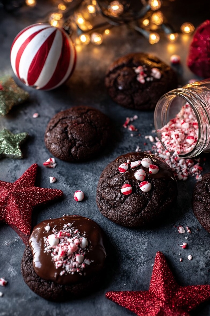 Chocolate Hazelnut Caramel Stuffed Brownie Cookies, decadent cookie recipes, indulgent dessert ideas, easy brownie cookie recipes, caramel filled cookies - The image shows six dark chocolate cookies on a dark smooth surface with crushed red and white candy sprinkled on some of the cookies and also scattered around them. One cookie is partially dipped in melted chocolate with candies on top. There are holiday decorations around, including a white and red striped round ornament and two glittery red star shapes, as well as a glittery gold star in the background. A clear jar tipped over in the foreground suggests candy spilling out. Warm yellow string lights are draped above, softly glowing. photo taken with an iphone --ar 2:3 --v 7