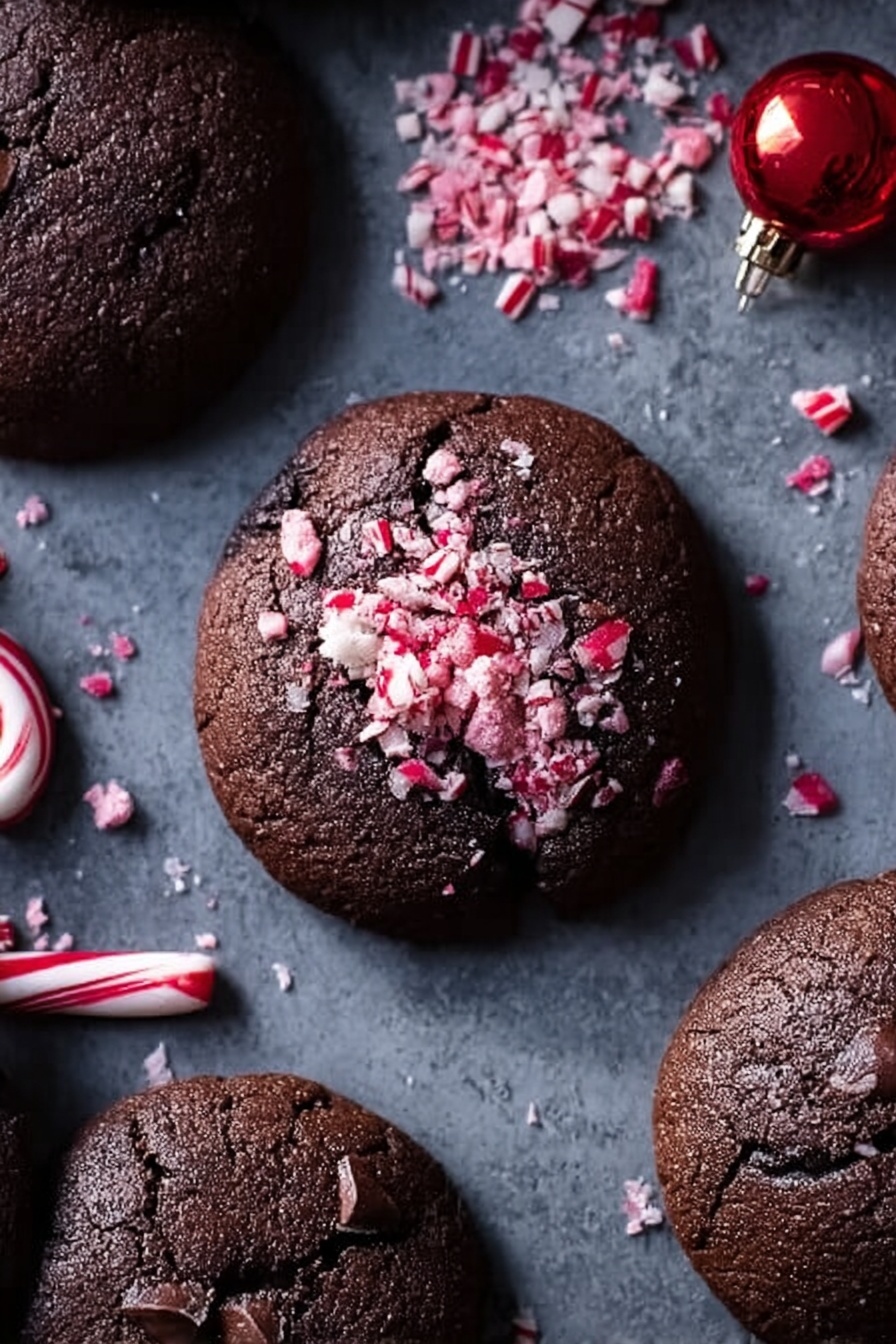 Chocolate Hazelnut Caramel Stuffed Brownie Cookies, decadent cookie recipes, indulgent dessert ideas, easy brownie cookie recipes, caramel filled cookies - The image shows a group of dark brown round cookies arranged on a dark grey surface, with one cookie in the center topped with crushed pink and white candy pieces and small bits of melted chocolate. The cookies have a rough texture and slight cracks on the surface. Scattered around them are more crushed pink candies, a red and white striped ornament on the left, and a small lightbulb on the top right. The scene has a cozy and festive feeling. Photo taken with an iphone --ar 2:3 --v 7