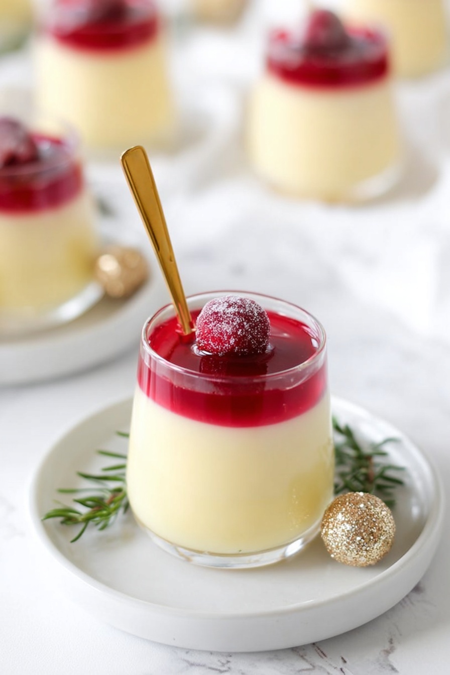 Eggnog Panna Cotta with Spiked Cranberry Sauce, festive holiday dessert, creamy panna cotta recipe, boozy cranberry sauce, Christmas dessert ideas - The image shows four small clear glasses filled with two layers of dessert. The bottom layer is creamy white and smooth, making up most of the glass. The top layer is a bright red jelly, shiny and thick, covering the creamy layer completely. On top of each red layer, there is a bright red berry covered with a light dusting of sugar, along with a small green rosemary sprig placed diagonally. The glasses are set on a white marbled surface, with some green rosemary leaves and small gold balls decorating around them. Photo taken with an iphone --ar 2:3 --v 7