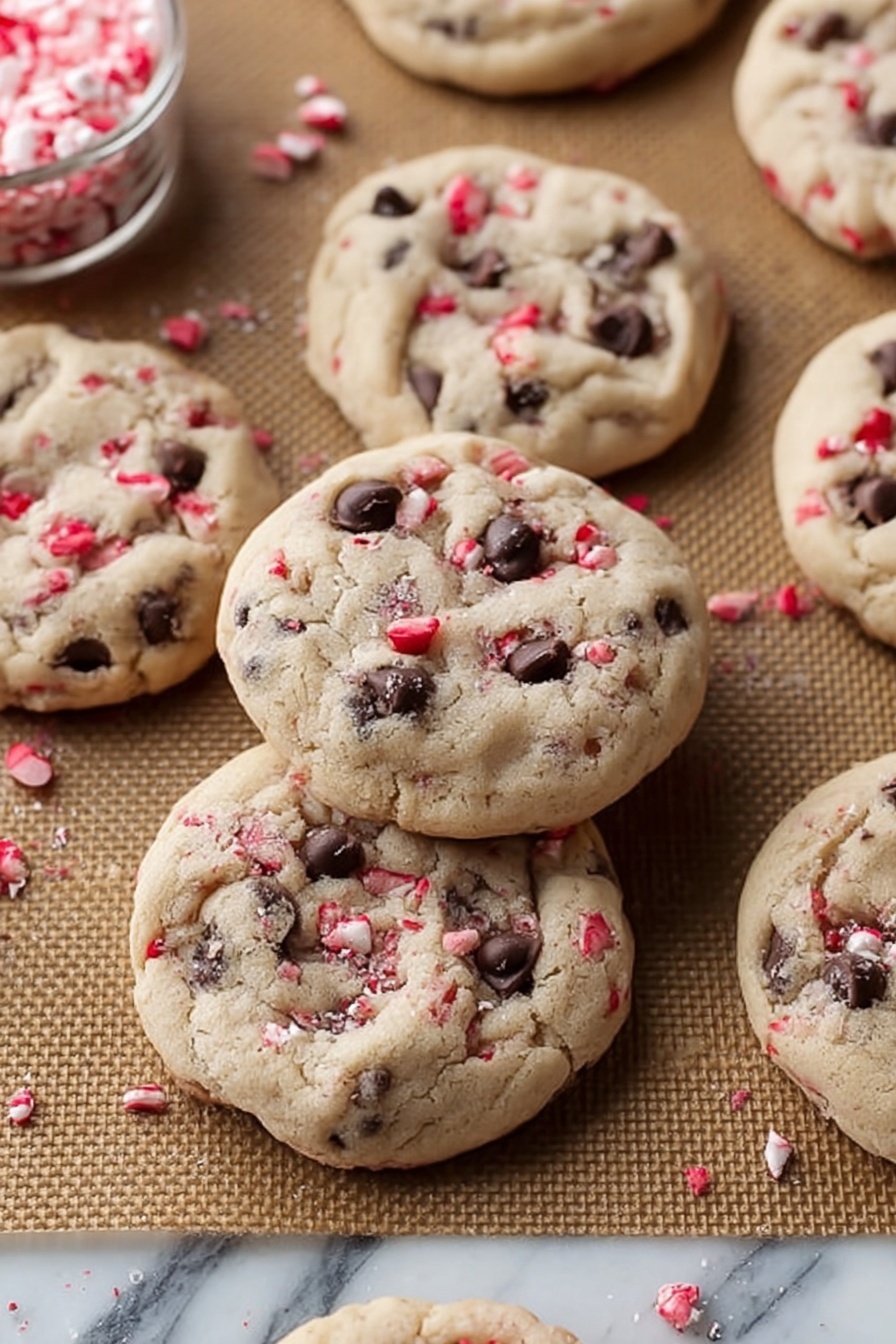 Peppermint Oreo Cookies, Peppermint Oreo Cookies Recipe, holiday Christmas cookies, peppermint desserts, Oreo peppermint treats - The image shows a small stack of three chunky cookies on a white lace paper doily placed on brown parchment paper. The cookies are light beige and embedded with visible dark chocolate chips and small red and white candy bits spread evenly throughout. The top cookie of the stack has a bite taken out, revealing a soft, dense inside with the same chocolate and candy pieces. In the background, more cookies are cooling on a wire rack, slightly blurred, and to the left is a white ceramic ramekin filled with rough pink and white candy pieces. The whole scene sits on a white marbled surface photo taken with an iphone --ar 2:3 --v 7