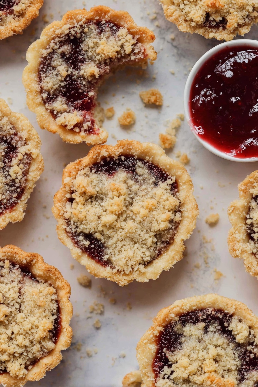 Raspberry Crumble Cookies, raspberry crumble cookies recipe, fruity crumbly cookies, buttery raspberry cookies, easy raspberry cookies - The image shows several small round crumb-topped jam tarts placed on a white marbled surface. Each tart has a golden-brown crust forming the base and holding dark red jam with a glossy texture that pokes through the crumb topping. The crumb topping is light beige with a crumbly, rough texture unevenly spread on top of the jam. Some tarts have small bites taken out, revealing the jam inside. A small white bowl filled with thick red jam sits among the tarts. There are loose crumbs scattered on the surface near the tarts. Photo taken with an iphone --ar 2:3 --v 7