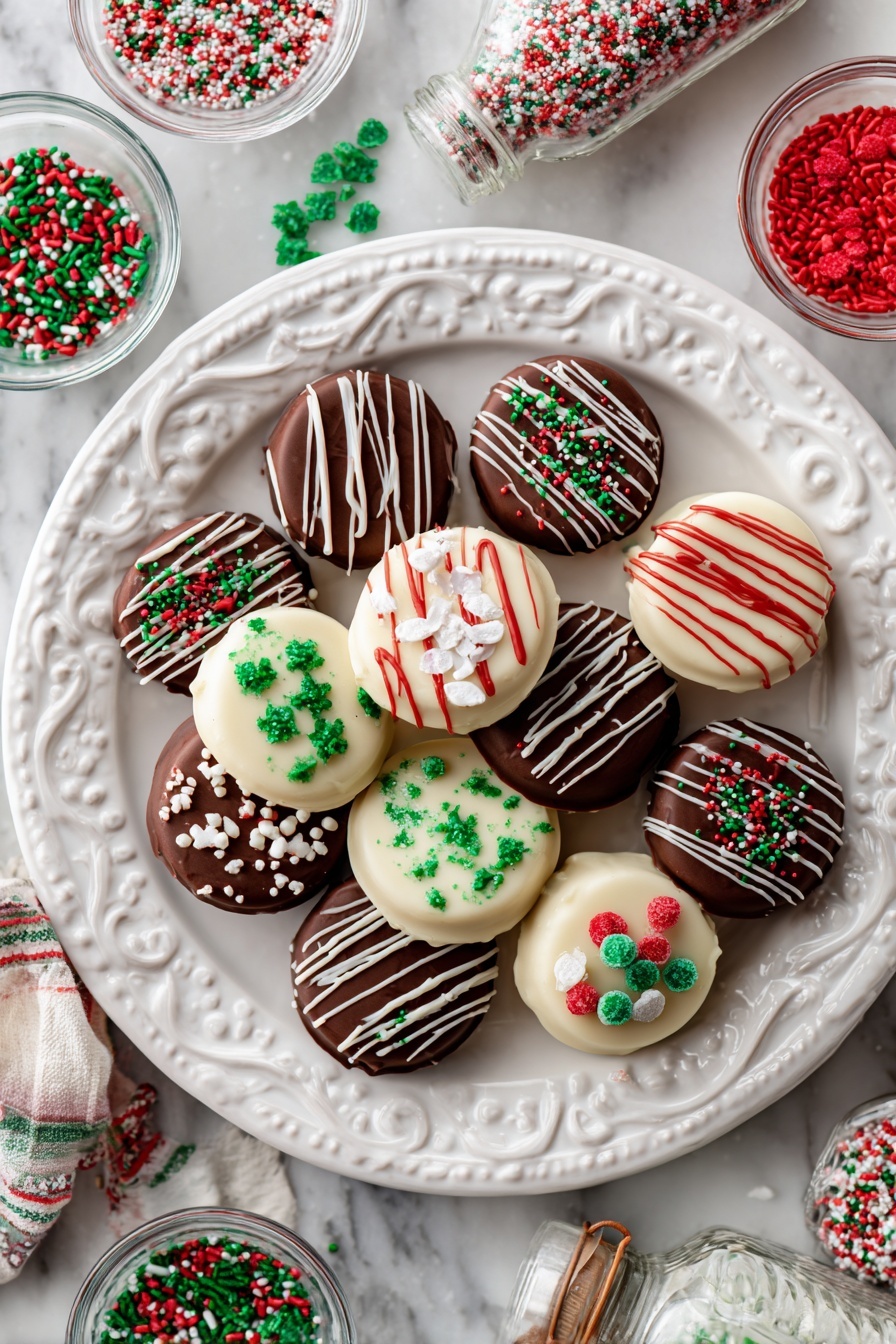 Christmas Chocolate Covered Oreos, festive Oreo dessert, holiday chocolate treats, easy Christmas cookies, Christmas Oreo dip - A white ornate plate with many round chocolate-covered treats arranged in a slightly overlapping manner. Each treat has a smooth chocolate base layer with various decorations on top including green, red, and white sprinkles, small candy shapes, and some are dipped halfway in white chocolate with sprinkles. There are drizzle patterns in red, green, and white icing on several pieces, adding texture and color contrast. Around the plate, small clear bowls hold red, green, and white sprinkles, while a small bottle filled with green and red sprinkles is nearby. The surface beneath everything is a white marbled texture. Photo taken with an iphone --ar 2:3 --v 7
