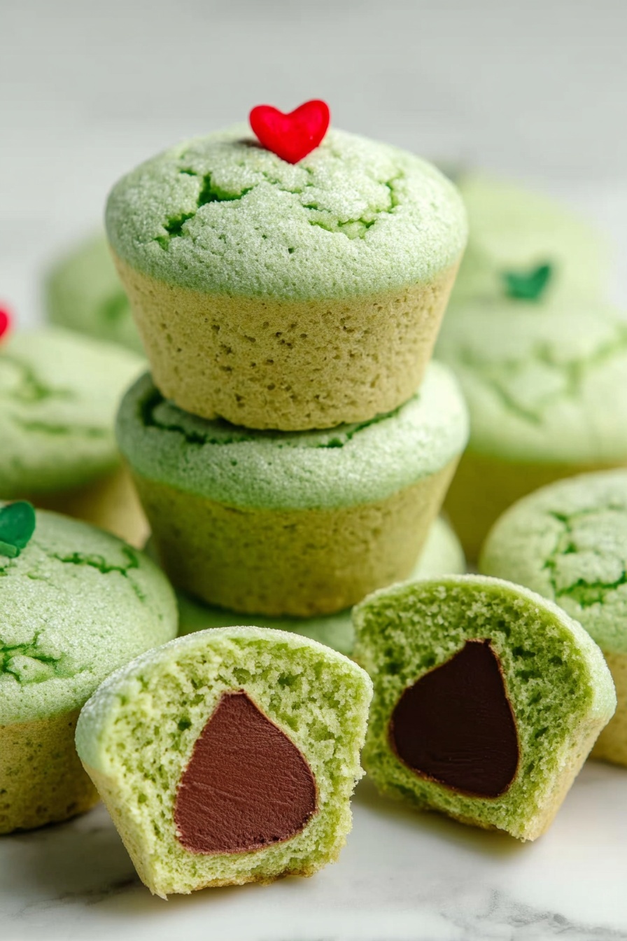 Grinch Cookies with Hershey’s Kisses, festive holiday cookies, green sugar cookies, easy Christmas cookie recipe, cute holiday treats - The image shows a stack of green muffins with a soft texture, each with a fluffy top layer that has small cracks and a light green color. The top muffin has a small red heart decoration placed near the center of its domed top. The middle muffin is plain, showing the same green color with airy holes. In front, a muffin is cut in half, revealing two layers: the top fluffy green layer and a smooth chocolate layer shaped like a teardrop inside, topped with a small red heart decoration on the surface. The muffins sit on a white marbled surface with soft lighting. Photo taken with an iphone --ar 2:3 --v 7