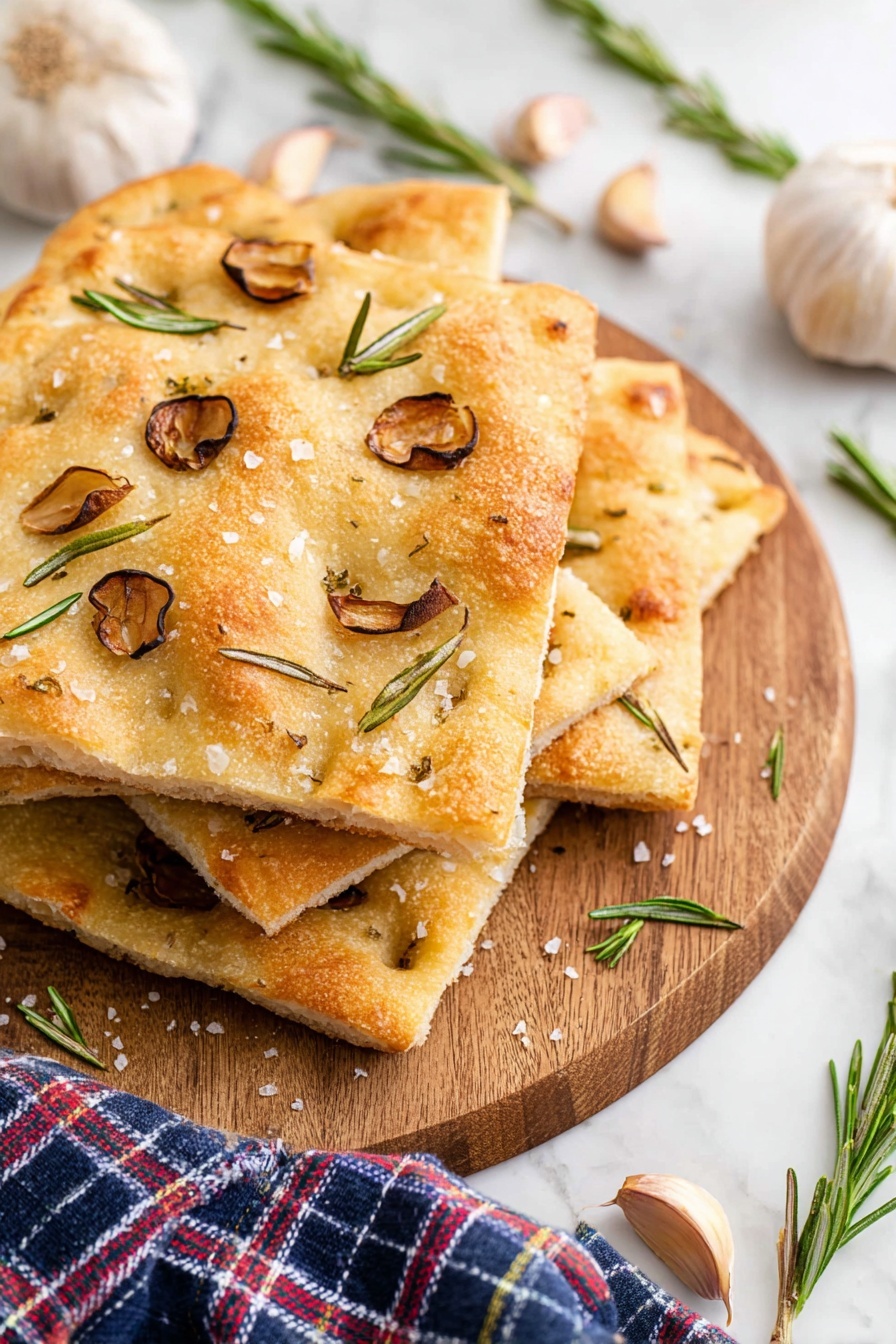 Garlic Rosemary Focaccia Bread, easy focaccia bread recipe, homemade garlic rosemary bread, fluffy focaccia with herbs, savory garlic herb bread - Several pieces of focaccia bread are stacked on a round wooden board. Each piece has a golden-brown crust with a rough texture, scattered with coarse salt grains. On top of the bread are small roasted garlic slices that are brownish, and fresh green rosemary sprigs adding a touch of color. The wooden board sits on a white marbled surface, with garlic bulbs and extra rosemary sprigs around it. A folded blue, white, and red plaid cloth is partly visible in the bottom right corner. photo taken with an iphone --ar 2:3 --v 7