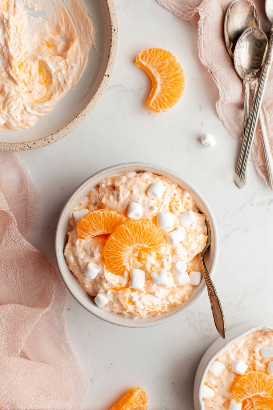 Mandarin Orange Salad with Marshmallows, easy fruit salad recipes, nostalgic fruit salad, quick dessert salad, summer fruit salad ideas - The image shows a small white bowl filled with a fluffy light orange creamy mixture with visible small white marshmallows and bright orange mandarin orange slices mixed in. On top of the mixture are two mandarin slices arranged in the center and three small marshmallows on the surface. Next to the bowl on the white marbled surface are two peeled mandarin slices. Nearby, there is a white plate with leftover creamy mixture spread on it, with a metal spoon resting inside. A soft pink cloth and two metal spoons are placed on the top right corner of the image, adding a soft touch to the scene. Photo taken with an iphone --ar 2:3 --v 7