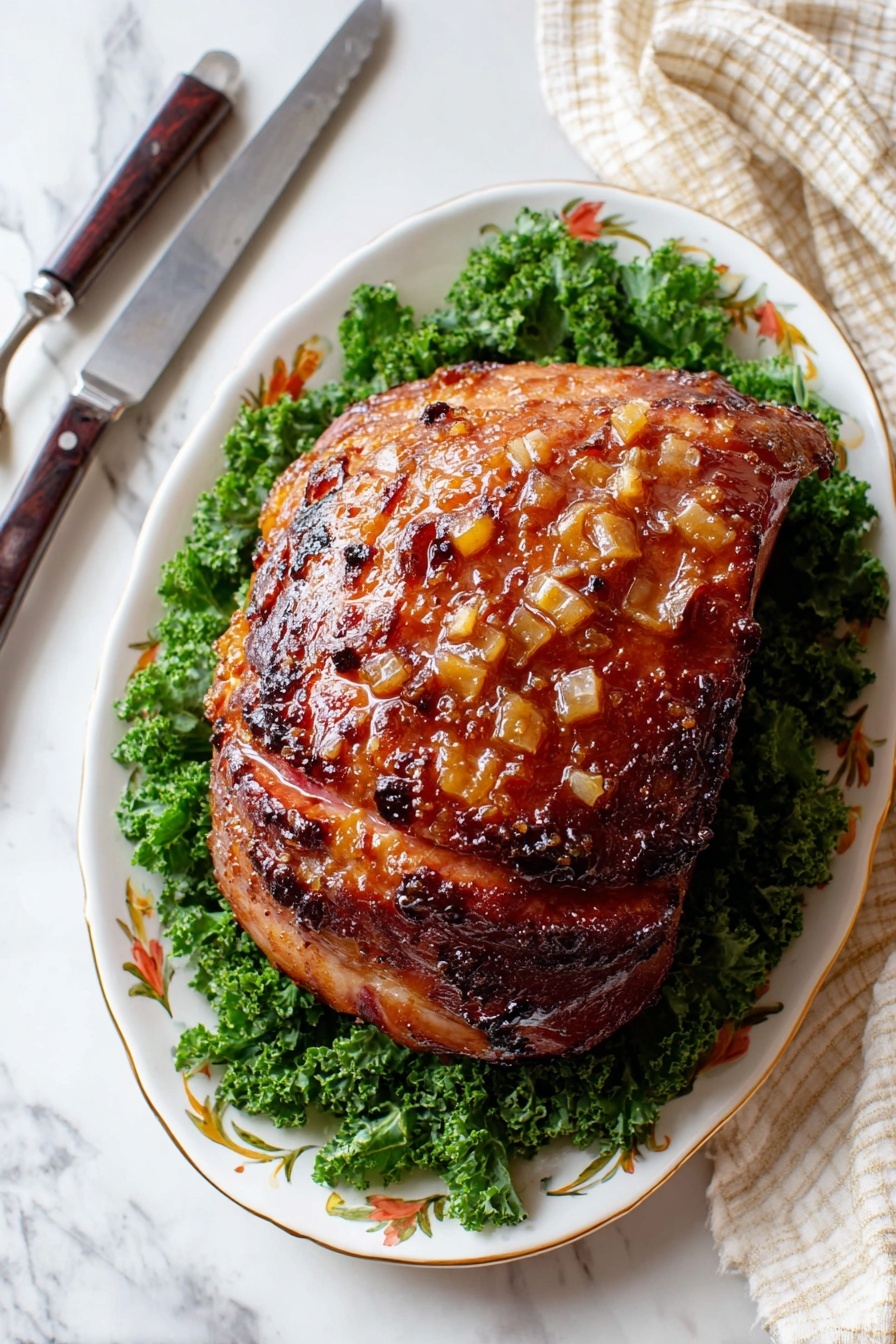 Baked Glazed Ham, glazed ham recipe, holiday ham, easy ham glaze, tender baked ham - A large, browned ham sits on a bed of fresh, dark green kale leaves arranged around the edges of a white oval plate with gold and orange floral designs near the rim. The ham has a shiny glaze with visible chunks of light brown, caramelized bits on top. The surface of the ham shows a mix of crispy charred spots and smooth, sticky glaze. To the left of the plate, there is a silver carving fork and a knife with dark wooden handles placed on a white marbled surface. A soft cream and beige checkered cloth is partially visible in the top right corner photo taken with an iphone --ar 2:3 --v 7