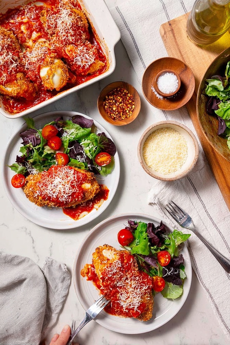 Eggplant Rollatini, Eggplant Rollatini recipe, Italian eggplant appetizer, cheesy eggplant rollups, baked eggplant with ricotta - The image shows two white plates on a white marbled surface with a light striped cloth. One plate holds three pieces of breaded chicken topped with a bright red tomato sauce and sprinkled with grated cheese. The second plate contains two pieces of the breaded chicken in tomato sauce on one side, and a fresh salad with dark green and purple leaves, small red cherry tomatoes, and light green slices on the other. Nearby is a white baking dish with more breaded chicken covered in tomato sauce, a small white bowl with chili flakes, a small wooden bowl filled with grated cheese, and a clear glass bottle with olive oil. Silver forks rest on both plates, one being held by a woman's hand. Photo taken with an iphone --ar 2:3 --v 7