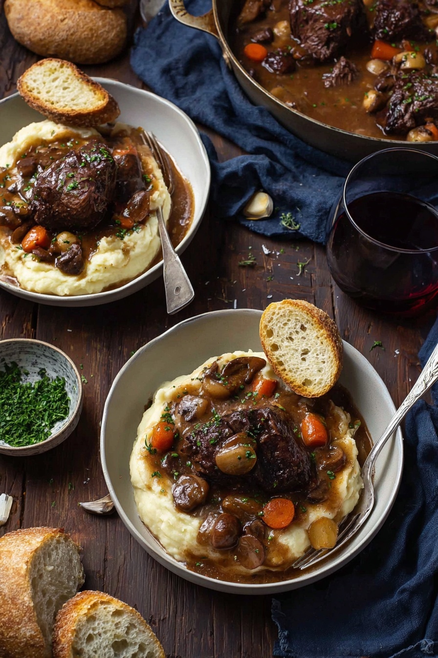 Coq au Vin, Easy Coq au Vin, French chicken stew, Braised chicken recipes, Classic French dishes - Two white bowls filled with a layer of creamy mashed potatoes topped with pieces of dark brown meat covered in thick brown gravy with whole small onions, sliced mushrooms, and chunks of orange carrots scattered around. Each bowl has a silver fork placed on the right side, partially resting on the mashed potatoes. One bowl also has two pieces of light brown crusty bread placed on top of the mashed potatoes. The bowls are set on a dark wooden surface with a few pieces of bread, a glass of red wine, a small bowl of chopped green herbs, and a dark blue cloth napkin nearby. To the upper right, there is a large pan filled with more meat, vegetables, and gravy. photo taken with an iphone --ar 2:3 --v 7