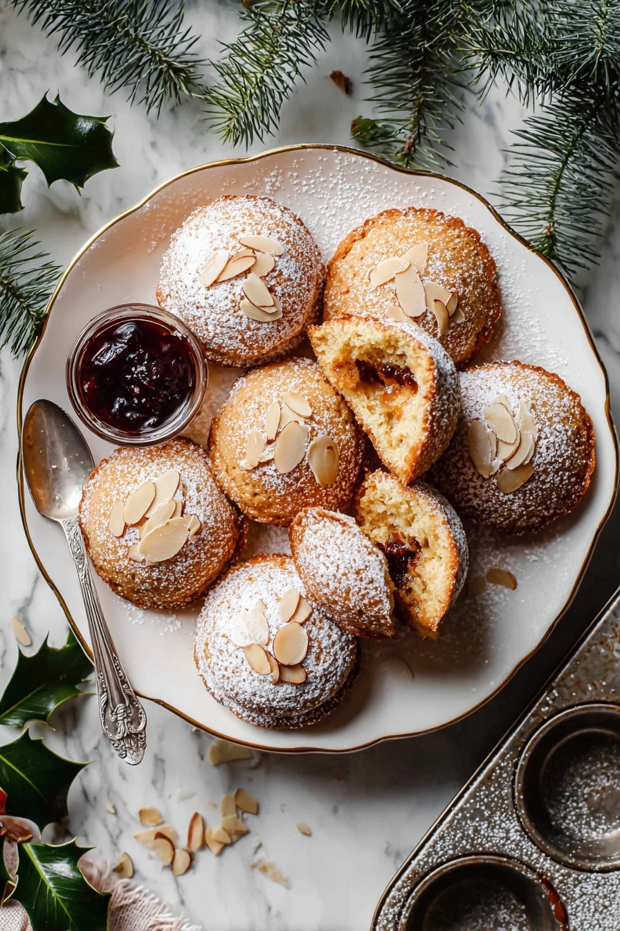 Festive Mince Pies with Frangipane Topping, mince pies recipe, holiday mince pies, easy mince pie recipe, festive dessert ideas - Eleven round sandwich cookies are shown on crumpled parchment paper atop a white marbled surface. Each cookie has two golden brown almond-studded cake layers with a pale cream filling in the middle. The top cake layers are dusted with powdered sugar, which is also scattered around on the parchment and surface. A dark metal sieve filled with powdered sugar sits on the left side among the cookies, adding texture and detail. The overall look is rustic with warm tones and soft lighting. Photo taken with an iphone --ar 2:3 --v 7