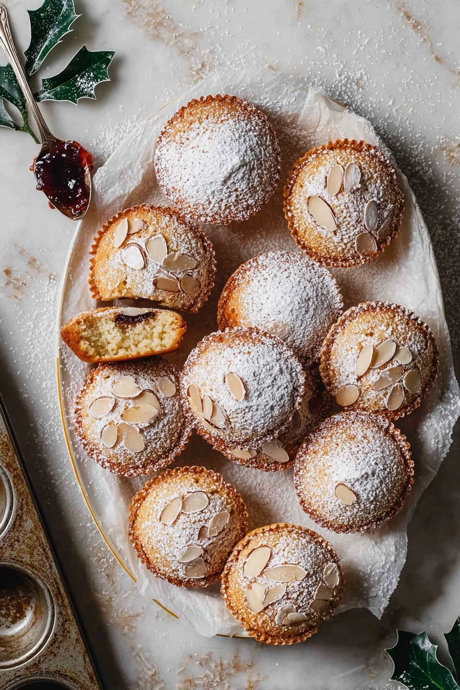 Festive Mince Pies with Frangipane Topping, mince pies recipe, holiday mince pies, easy mince pie recipe, festive dessert ideas - The image shows a white plate with a gold rim holding eight round golden-brown almond cakes, each cake topped with thin pale almond slices and a light dusting of powdered sugar. One cake is broken in half on top, revealing a soft, moist inside with a dark filling. The plate is placed on a white marbled surface decorated with dark green pine and holly leaves. To the left of the plate, there is a spoon with a dark fruit jam sitting on the edge of the plate. A vintage metal baking tray with empty round molds is partially visible underneath and next to the plate. photo taken with an iphone --ar 2:3 --v 7