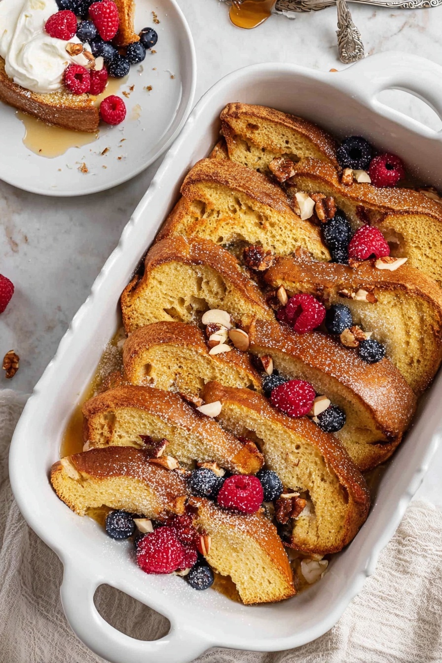 Brioche French Toast Casserole, easy brunch recipes, holiday breakfast ideas, baked French toast, indulgent breakfast casserole - The image shows a white baking dish filled with layered toasted bread slices that are golden brown and slightly crispy on the edges, arranged upright and overlapping. The bread layers are sprinkled with coarse sugar and scattered with whole blueberries, red raspberries, and small chopped almonds, adding pops of dark blue, bright red, and light beige colors. The dish is placed on a white marbled surface, next to a white plate holding a piece of the bread pudding topped with whipped cream, extra berries, and nuts. The overall scene includes soft natural light highlighting the warm tones and textures of the baked bread and fresh fruit. photo taken with an iphone --ar 2:3 --v 7