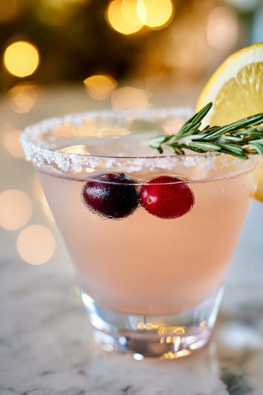 Festive Lemon Drop Cocktail, holiday lemon cocktails, citrus holiday drinks, easy lemon cocktail, Christmas cocktail ideas - A clear cocktail glass with a sugar rim holds a pale pink drink. Inside the drink near the surface are three shiny berries—two red and one dark purple—along with a green rosemary sprig laying flat. A thin lemon slice is placed on the edge of the glass. The glass is shown close up on a white marbled surface with soft, blurred warm lights in the background. photo taken with an iphone --ar 2:3 --v 7