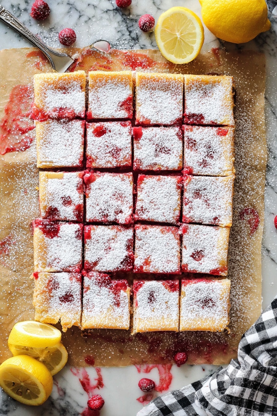 Cranberry Lemon Bars, lemon bars with cranberries, tart and sweet dessert, easy holiday dessert, fruity lemon bar recipe - A square dessert is shown, cut into 16 small pieces arranged in a 4 by 4 grid. Each piece has a top layer dusted heavily with white powdered sugar, giving a soft, snowy look. Underneath, a vibrant red filling is visible, adding bright color between the golden brown crust edges. The dessert sits on a piece of lightly stained parchment paper that has red fruit juices spread around the edges. Scattered fresh red berries are placed near the dessert, along with two squeezed yellow lemon halves at the bottom and top right. A white and black checkered cloth is partially visible at the bottom right corner. The whole setup is placed on a white marbled surface with a woman's hand holding a metal utensil near the top left. photo taken with an iphone --ar 2:3 --v 7