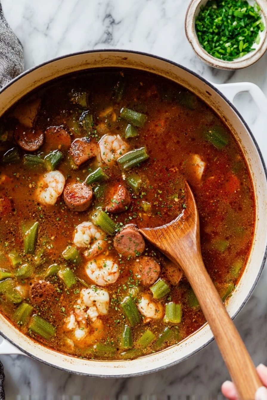 Shrimp and Sausage Gumbo, Southern gumbo recipe, Cajun shrimp and sausage stew, easy gumbo recipe, hearty seafood sausage dish - A large white pot filled with a spicy stew showing several layers: the top layer has a reddish-brown broth with black pepper sprinkled all over, pieces of green okra floating around, and slices of browned sausage distributed throughout. Below the surface, pale shrimp are visible, partially submerged in the thick broth. A wooden spatula is stirring the stew inside the pot, held by a woman's hand. The pot is placed on a white marbled surface with a small bowl of green chopped herbs nearby. Photo taken with an iphone --ar 2:3 --v 7