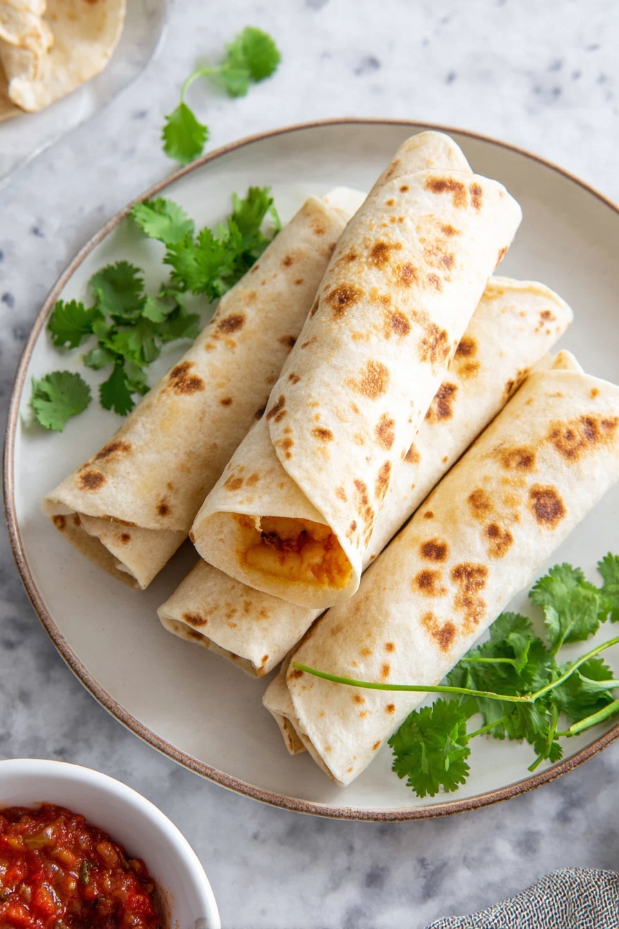 Cheesy Bean and Rice Burritos, bean and rice burritos, baked burritos with cheese, easy Mexican burritos, hearty vegetarian burritos - Four lightly browned rolled tortillas with small brown spots are stacked on a white plate in the center of the image, with one placed on top and one slightly open, showing a hint of orange filling. Green cilantro leaves are scattered on the tortillas and gathered behind them on the plate. The plate sits on a white marbled surface. In the lower left corner, part of a white bowl filled with chunky red salsa is visible. Photo taken with an iphone --ar 2:3 --v 7