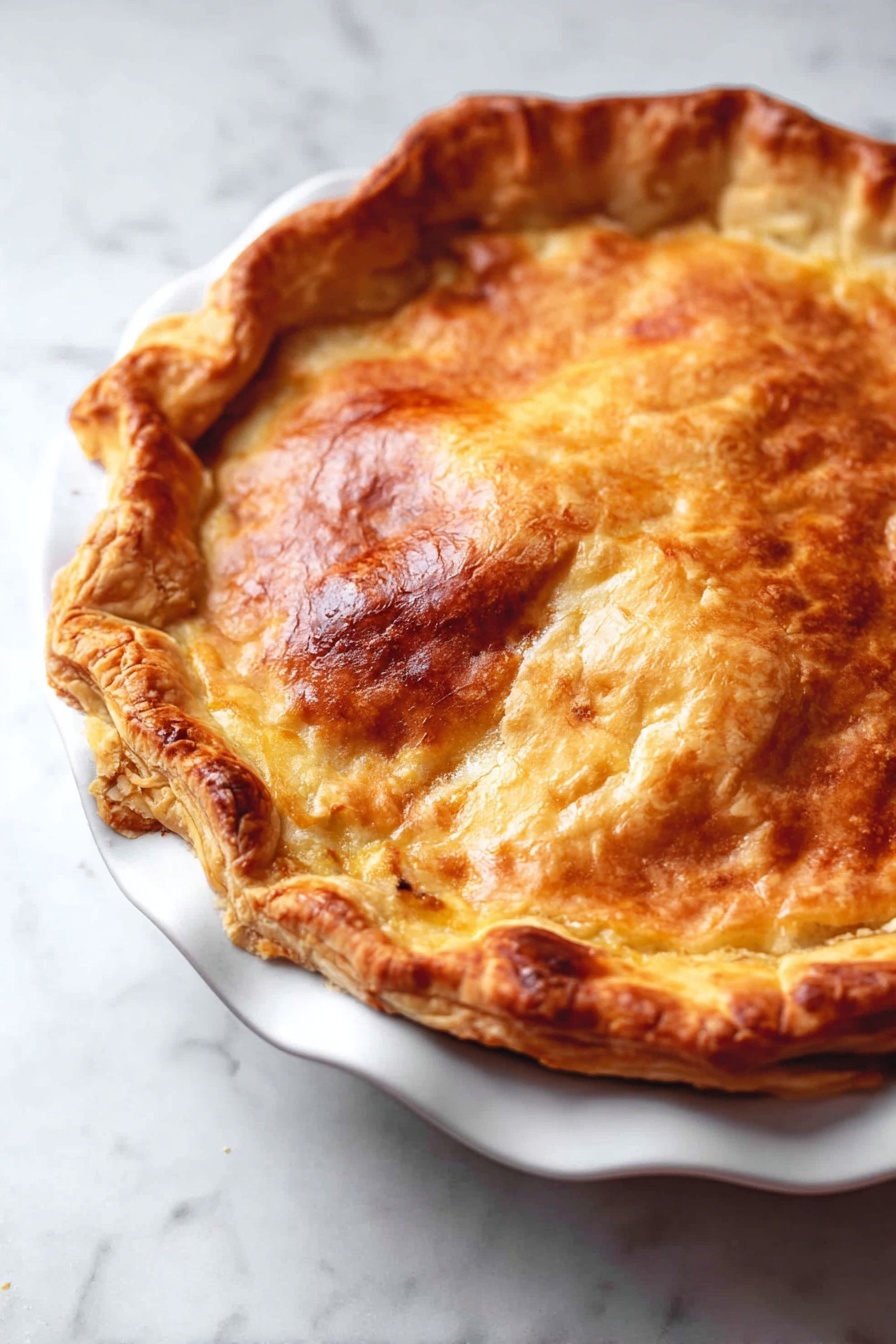 Chicken Mushroom Puff Pie, Chicken Mushroom Pie, savory puff pastry pie, homemade puff pastry pie, comforting chicken mushroom dish - A round pastry pie with a thick golden-brown crust baked to a crispy texture. The top layer is smooth and shiny, covering the pie completely, with slightly raised edges showing a folded or crimped pattern. The pie sits on a white ceramic dish with scalloped edges. The background is a white marbled surface. photo taken with an iphone --ar 2:3 --v 7