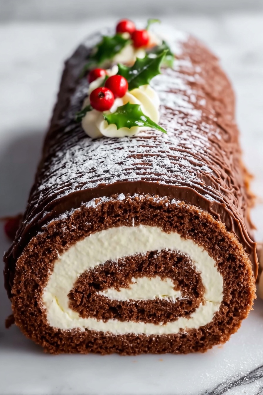 Festive Chocolate Yule Log Cake, chocolate yule log, holiday dessert, Christmas cake recipe, festive chocolate cake - The image shows a rolled chocolate cake with four visible layers: a dark brown chocolate outer layer with a textured, ridged pattern; a white creamy layer inside that is smooth and thick; another dark brown cake layer that is soft and spongy; and a final white cream layer in the center that looks fluffy. The top of the cake roll is dusted with white powdered sugar and decorated with small red berries and green leaves, adding color contrast. The cake is placed on a white marbled surface. photo taken with an iphone --ar 2:3 --v 7