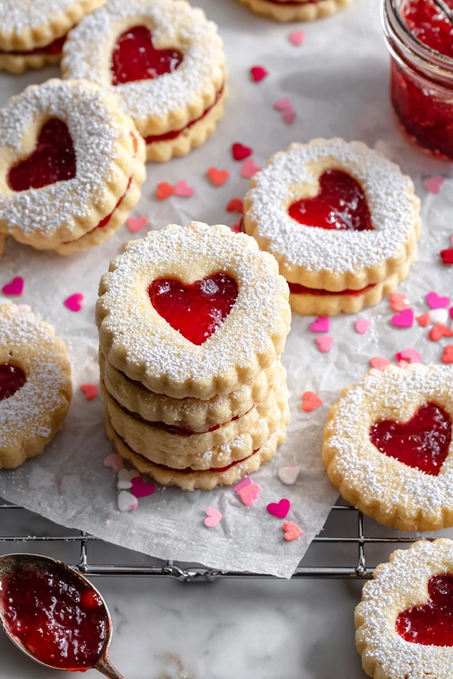 Raspberry Linzer Cookies, Linzer Cookies recipe, raspberry sandwich cookies, almond butter cookies, festive cookie recipes - The image shows several round sandwich cookies with scalloped edges arranged on white parchment paper over a white marbled surface. Each cookie has two layers: a bottom layer of light golden-brown cookie and a top layer dusted with white powdered sugar. The top layer has a heart-shaped cutout in the center, revealing a shiny bright red jam filling inside. Some cookies are stacked, showing both layers, while others lie flat. Small pink and red heart-shaped sprinkles are scattered around the cookies. photo taken with an iphone --ar 2:3 --v 7