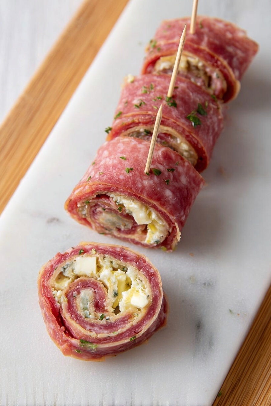 Salami Pinwheels with Cream Cheese and Peppers, savory salami appetizer, easy savory snacks, no-bake party appetizers, quick party snacks - The image shows a wooden cutting board placed on a white marbled surface with a roll sliced into pieces. The roll has three visible layers: a thin outer layer of reddish-pink with white spots, a middle layer of white creamy texture, and an inner yellowish layer with a slightly chunky texture. The roll is sliced into six pieces, three of which are lying flat showing the spiral pattern of the layers inside, while the rest remains uncut. photo taken with an iphone --ar 2:3 --v 7