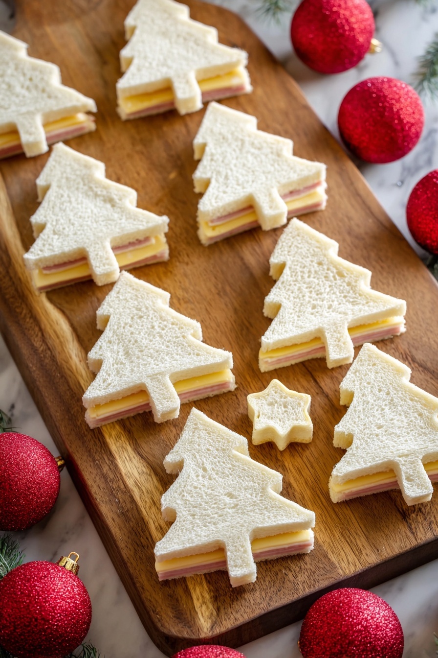 Christmas Tree Sandwiches, festive kid-friendly snacks, holiday party sandwiches, Christmas appetizer ideas, easy Christmas snacks - The image shows multiple Christmas tree-shaped sandwiches arranged neatly on a wooden cutting board. Each sandwich has three layers: a white soft bread layer on top, followed by a light pink layer of ham or similar, and a pale yellow layer of cheese at the bottom. The sandwiches are cleanly cut with a cookie cutter, which is placed in the middle of the board. Around the board are red Christmas ornaments adding a festive touch, all set on a white marbled background. photo taken with an iphone --ar 2:3 --v 7