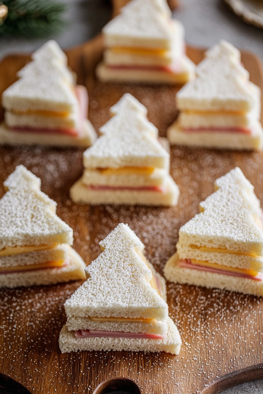 Christmas Tree Sandwiches, festive kid-friendly snacks, holiday party sandwiches, Christmas appetizer ideas, easy Christmas snacks - Multiple small sandwiches shaped like Christmas trees are shown on a wooden board. Each sandwich has three layers of white bread with two thin layers of ham and cheese in between. The top layer of bread is covered with a light dusting of powdered sugar. One sandwich is positioned upright inside a metal Christmas tree cutter, showing the sandwich's side with the ham and cheese layers clearly visible. The background is slightly blurred to focus on the layered sandwiches photo taken with an iphone --ar 2:3 --v 7