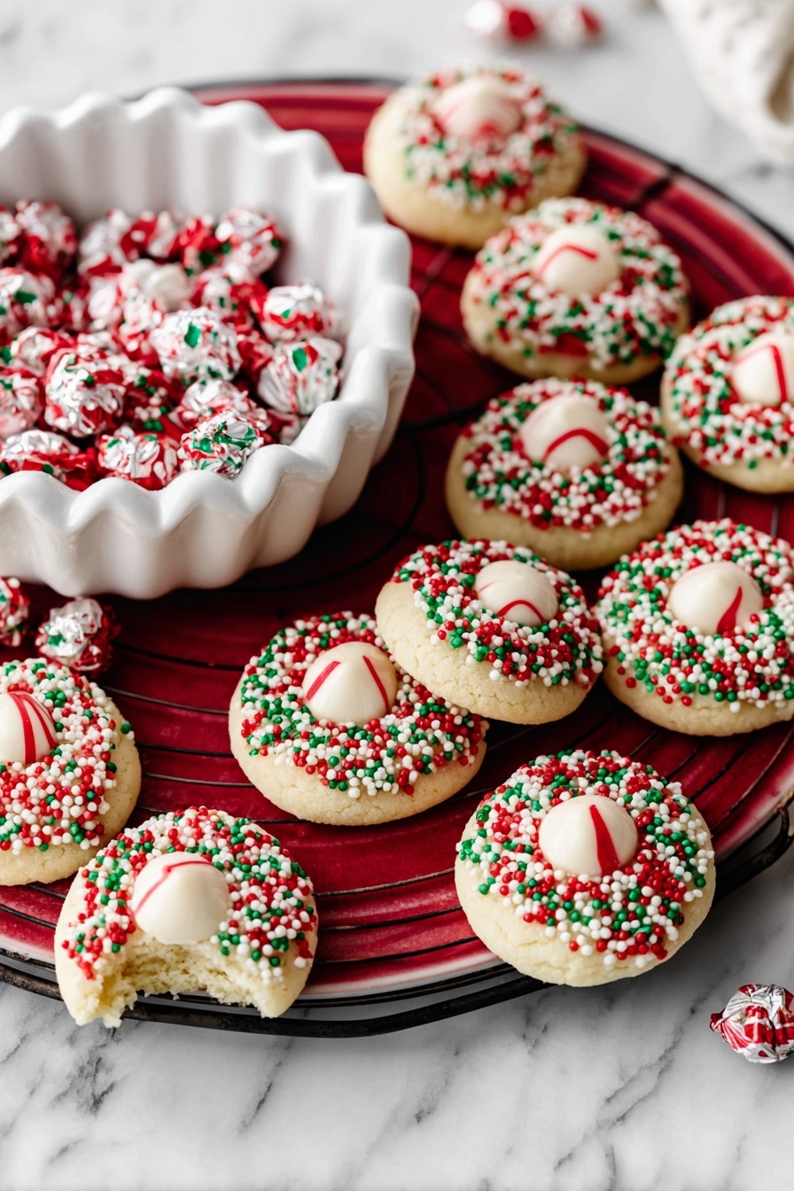 Candy Cane Kiss Cookies, Candy Cane Kiss Cookies recipe, festive holiday cookies, peppermint Hershey's Kiss cookies, easy Christmas cookie recipes - A white marbled surface holds a white plate with red decorative leaf patterns, filled with a pile of round cookies. Each cookie has two layers: a base layer that is light beige and rough-textured, covered on the top edge with small round red, white, and green sprinkles, and a top center layer that is a smooth candy with white, red swirled stripes. Around the main plate, there are small white bowls containing the same holiday-colored sprinkles, and near the top right, there is a partly eaten cookie showing its soft inside. Photo taken with an iphone --ar 2:3 --v 7