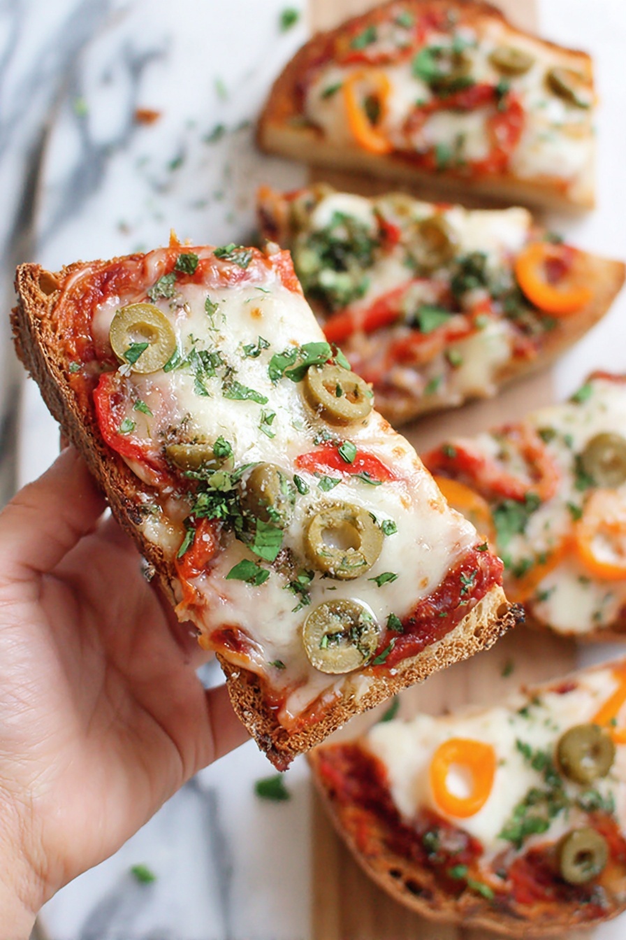 Easy Tomato Baguette Pizza, tomato baguette pizza, quick baguette pizza, homemade baguette pizza, simple tomato pizza - There are six slices of toasted bread arranged on a light wooden board. Each slice has a base layer of bright red tomato sauce spread evenly, topped with melted white cheese that is slightly browned in spots. On top of the cheese, there are halved green olives and orange bell pepper slices. Small green herb leaves are sprinkled over the pizza pieces, adding touches of green color. The bread has a golden-brown crust with a rough texture and light, airy interior. The whole scene is set on a white marbled surface. photo taken with an iphone --ar 2:3 --v 7