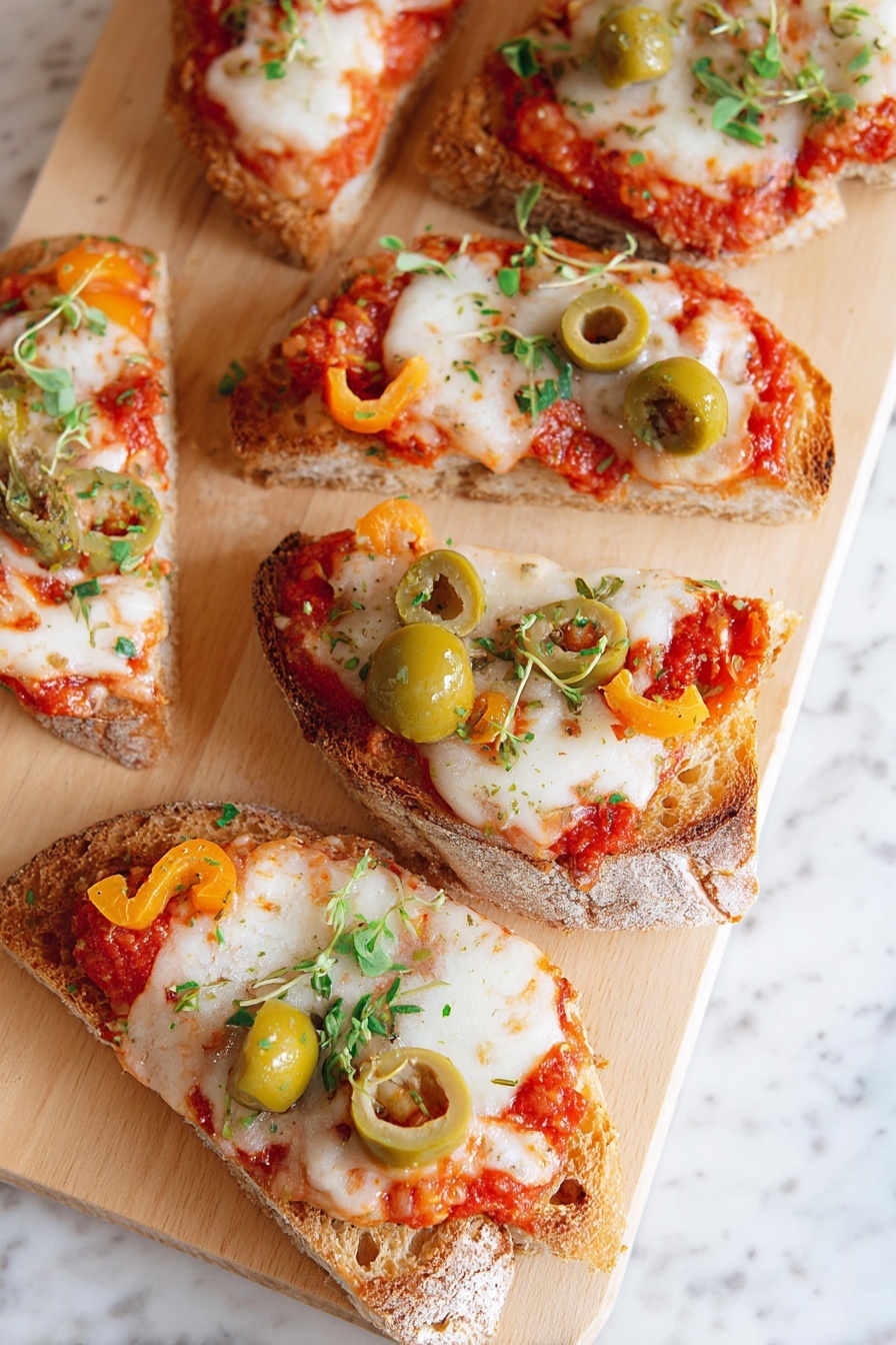 Easy Tomato Baguette Pizza, tomato baguette pizza, quick baguette pizza, homemade baguette pizza, simple tomato pizza - A woman's hand holding one slice of toasted baguette pizza with four visible layers: at the bottom is a light brown crusty bread slice, topped with a layer of red tomato sauce, then melted white mozzarella cheese with a slightly browned texture in places, and on top green herbs, light green sliced olives, and thin slices of red and orange bell peppers are scattered. In the background, several similar slices lie on a white marbled surface, showing the same colors and toppings. photo taken with an iphone --ar 2:3 --v 7