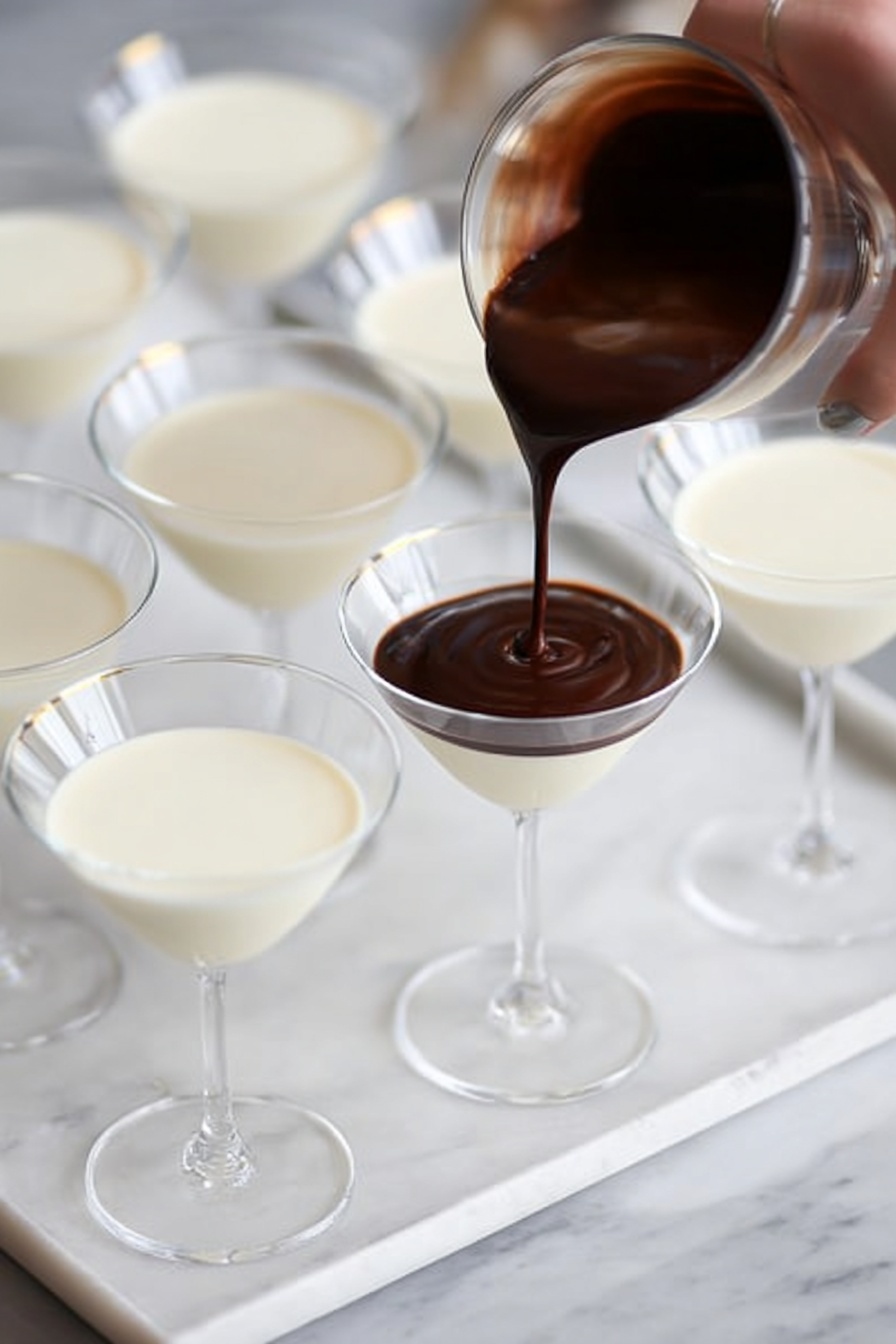 White Chocolate Panna Cotta with Orange Chocolate Sauce, white chocolate panna cotta, orange chocolate sauce recipe, elegant dessert ideas, easy panna cotta recipes - The image shows several clear white cocktail glasses filled with a smooth, creamy white layer at the bottom. One glass in the center is being topped with a thick dark brown liquid, gently poured from a vessel held by a woman's hand. The dark layer is glossy and rich, slowly spreading over the white base. The glasses are placed on a tray with a white marbled surface, arranged in neat rows, giving a clean and elegant look to the scene. photo taken with an iphone --ar 2:3 --v 7