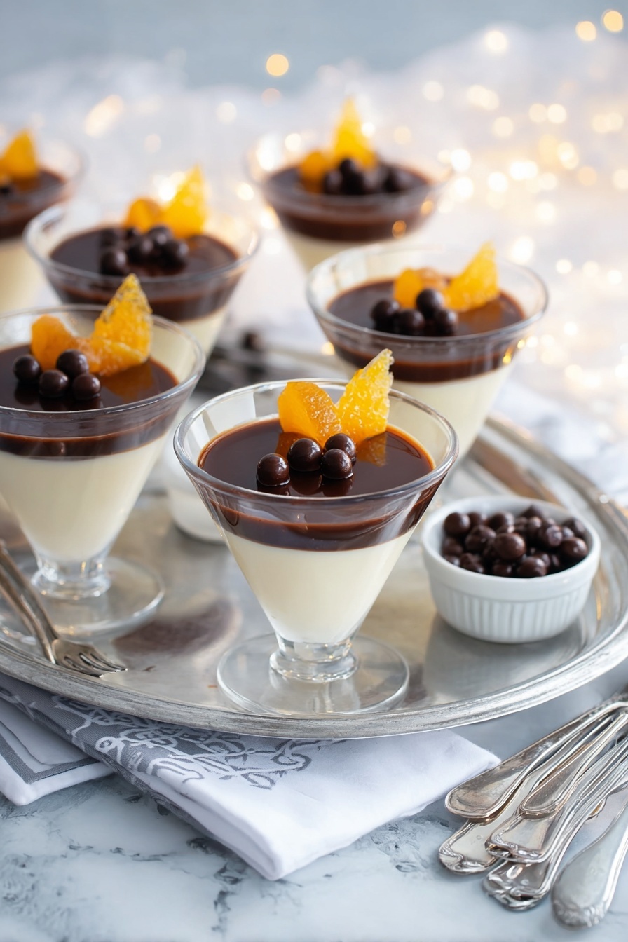 White Chocolate Panna Cotta with Orange Chocolate Sauce, white chocolate panna cotta, orange chocolate sauce recipe, elegant dessert ideas, easy panna cotta recipes - The image shows a set of clear glasses filled with two layers of dessert: a smooth, creamy white layer at the bottom and a shiny, dark chocolate layer on top. Each glass is garnished with a thin strip of orange peel and several small round dark chocolate balls placed on the chocolate layer. The glasses are arranged on a shiny silver tray, all placed on a white marbled surface. Around the tray, there are small white bowls with more chocolate balls and orange peels, along with silver spoons and forks scattered on white napkins with a light gray pattern. Soft, warm lights add a gentle glow to the scene. Photo taken with an iphone --ar 2:3 --v 7