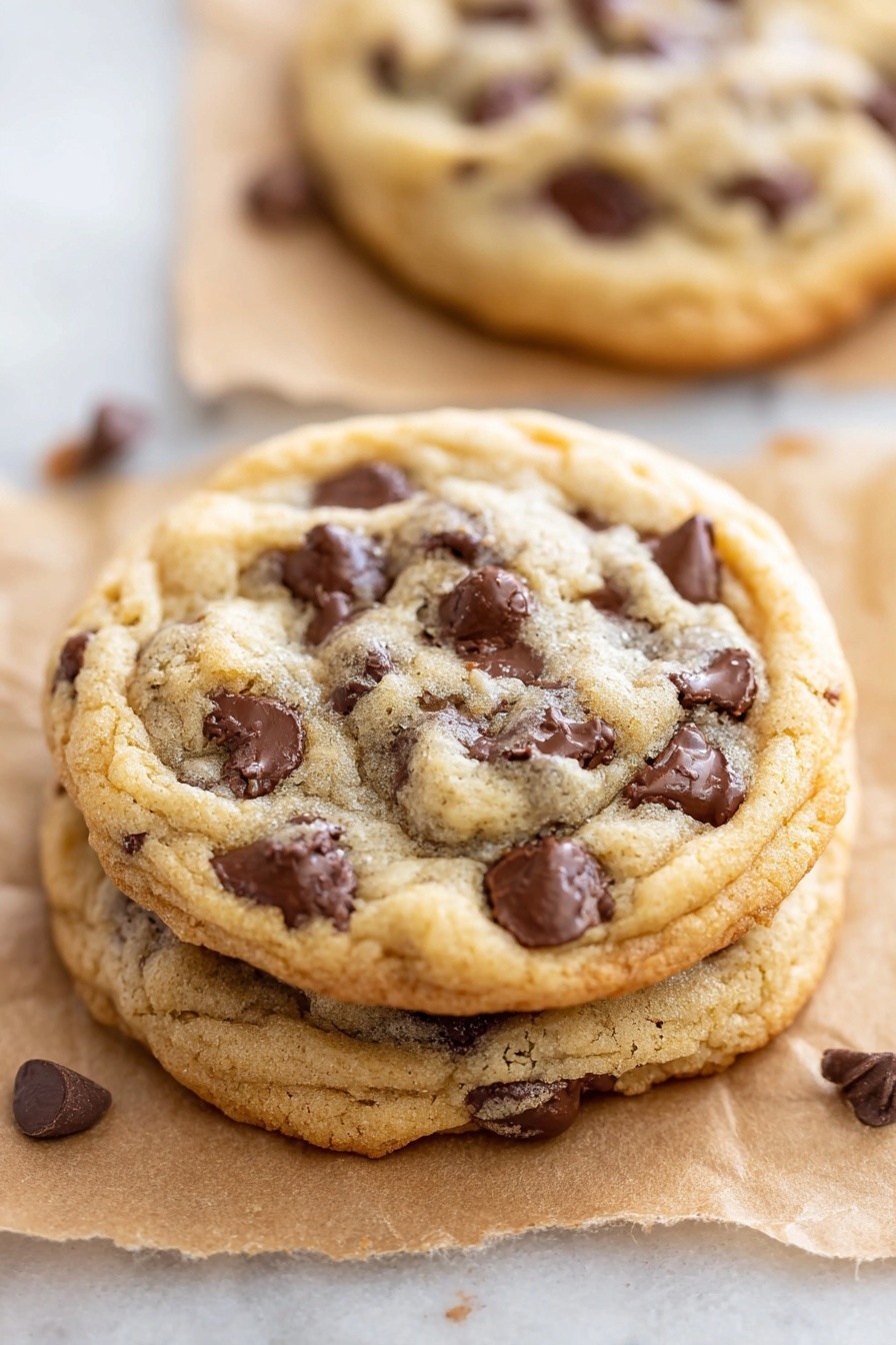 Chewy Chocolate Chip Cookies, best chocolate chip cookies, soft chewy cookie recipe, homemade chocolate chip cookies, easy chocolate chip cookies - The image shows three chocolate chip cookies stacked on top of each other. Each cookie has a golden-brown edge with a soft, light tan center filled with melted dark brown chocolate chips. The cookies are placed on light brown parchment paper, spread on a smooth white marbled surface. The top cookie is in focus, showing its bumpy and slightly chewy texture with chocolate chips scattered unevenly across its surface. Photo taken with an iphone --ar 2:3 --v 7