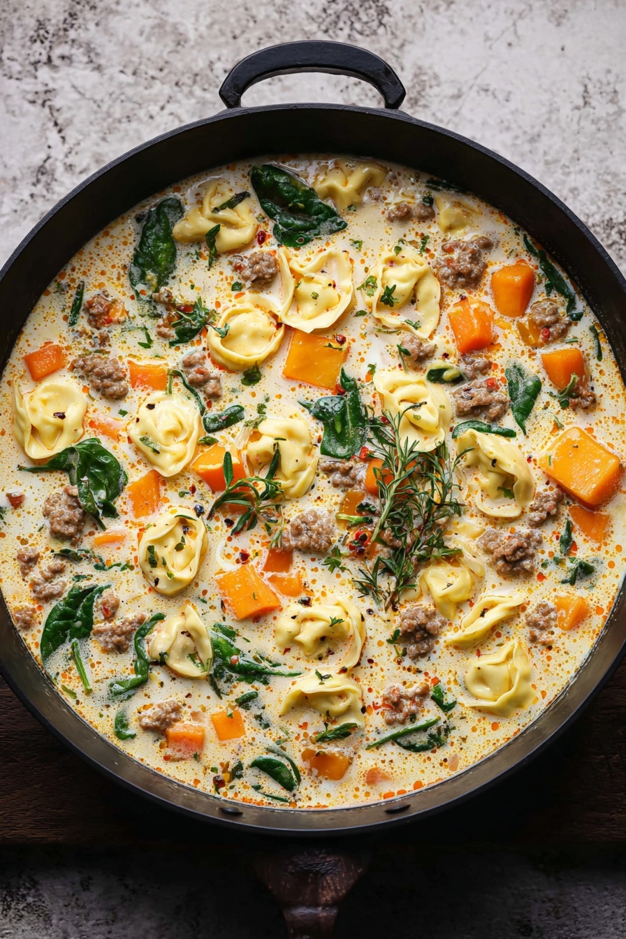 Creamy Sausage Tortellini Soup, sausage tortellini soup, cheesy sausage soup, hearty creamy soup, quick sausage tortellini recipe - A black pan filled with a creamy soup that has three main layers: chunks of orange squash, yellow tortellini pasta, and small pieces of cooked ground meat spread evenly throughout. The soup base is light-colored cream with orange oil spots floating on top. Dark green spinach leaves and sprigs of fresh herbs are scattered on the surface. The pan is placed on a textured white marbled surface. photo taken with an iphone --ar 2:3 --v 7