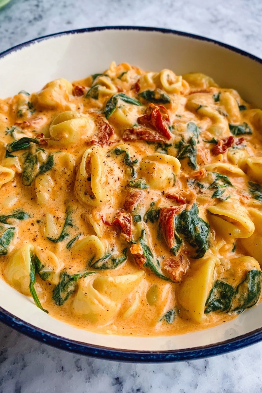 Creamy Tuscan Chicken Soup, creamy chicken soup, Tuscan chicken recipe, hearty chicken soup, easy comfort soup - The dish is a creamy pasta with three main layers visible: the base layer of soft yellow pasta shells, the middle layer of thick orange creamy sauce mixed evenly with wilted dark green spinach leaves, and scattered pieces of red sun-dried tomatoes adding contrast throughout. The sauce looks smooth and rich, holding the pasta and vegetables together. The dish is served in a white bowl with a thin blue rim, all set on a white marbled surface. photo taken with an iphone --ar 2:3 --v 7