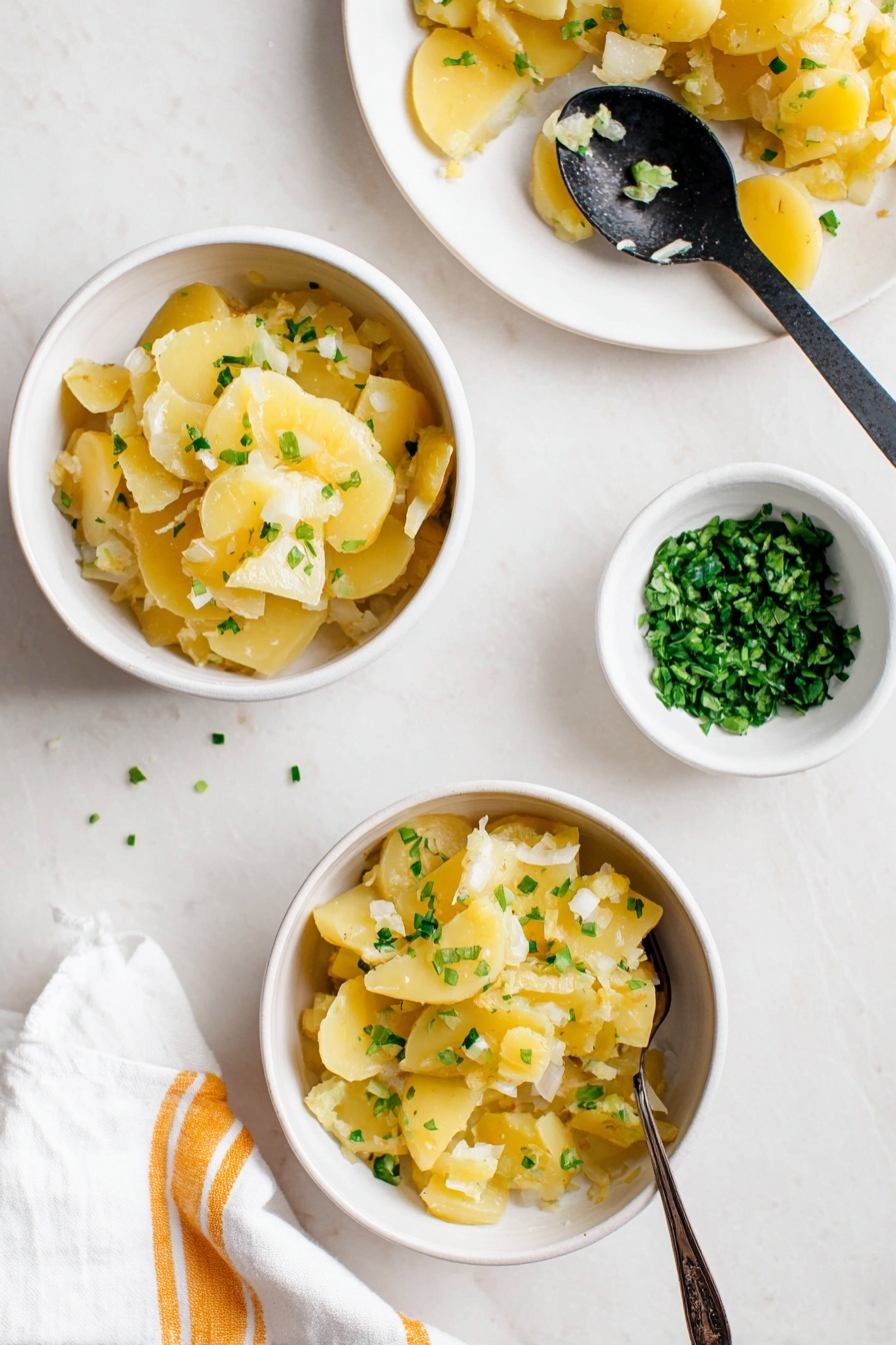 German Potato Salad, German Potato Salad Recipe, Tangy Potato Salad, Traditional German Potato Salad, Easy German Potato Salad - The image shows three white bowls filled with sliced yellow potatoes mixed with small pieces of white onion and light green chopped herbs, placed on a white marbled surface. A white plate on the top right holds more potatoes with some onion on a black spoon resting on the plate. A small white bowl filled with fresh green chopped herbs sits near the bottom center, and a white cloth with orange stripes is on the lower right side. The overall scene is clean and bright with a focus on the soft textures and colors of the potato dish photo taken with an iphone --ar 2:3 --v 7