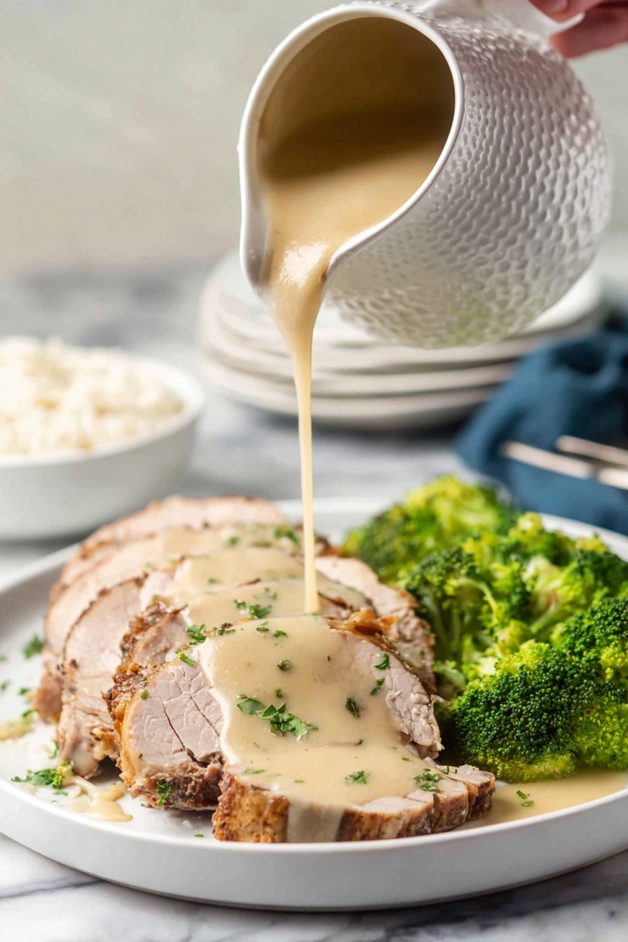 Crock Pot Pork Roast with Gravy, slow cooker pork loin dinner, easy pork roast recipe, tender pork roast with gravy, simple slow cooker pork meal - A white plate holds several slices of light brown cooked meat with a slightly darker crust on the edges, arranged in a neat row. A woman's hand pours a thick, creamy beige sauce over the center slices, creating a smooth layer that drapes over the meat. Bright green parsley pieces are scattered on top, adding color contrast. On the side of the plate, vibrant green broccoli florets add freshness to the dish. The scene is set on a white marbled surface, and in the background, a white textured pitcher is seen pouring the sauce, with a white bowl filled with rice and a stack of white plates slightly blurred. photo taken with an iphone --ar 2:3 --v 7