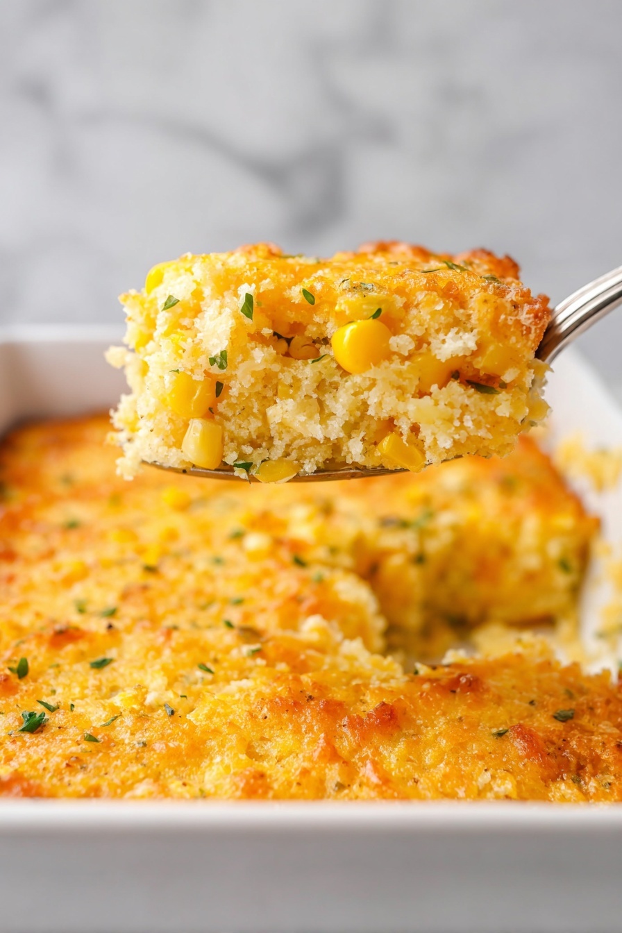 Creamy Cornbread Casserole, easy cornbread casserole, cheesy cornbread bake, comfort side dish, savory corn casserole - A close-up of a white square baking dish filled with a golden baked corn casserole. The casserole has a thick base layer with a crumbly texture mixed with whole yellow corn kernels and small green herb bits scattered throughout. The top layer is slightly browned and crispy, showing a mix of melted cheese and corn. A silver spoon lifts a square piece from the dish, showing the fluffy and moist inside with visible corn and herbs. The background is a white marbled surface. Photo taken with an iphone --ar 2:3 --v 7
