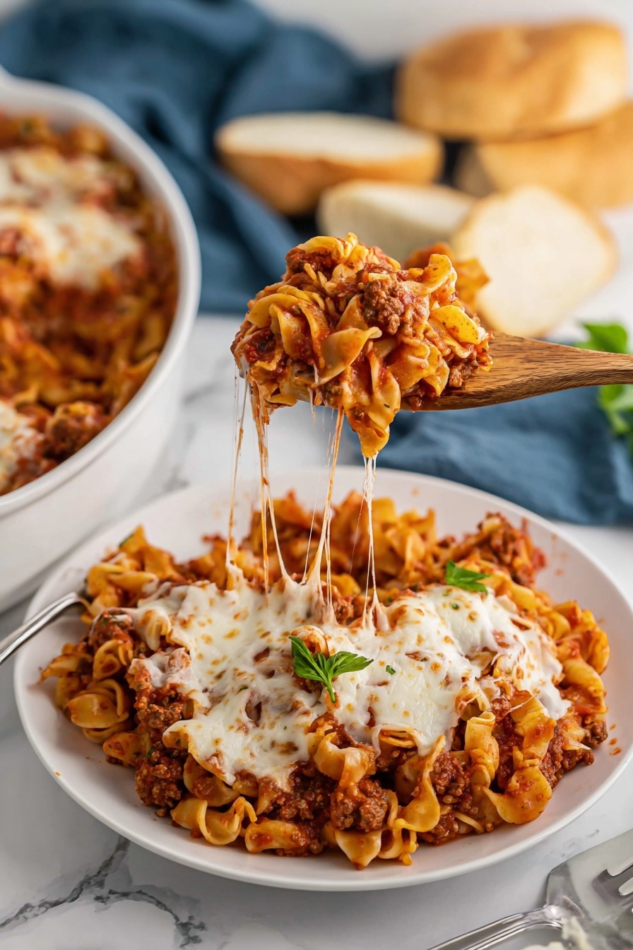 Quick Homemade Lasagna Hamburger Helper, easy lasagna skillet dinner, one-pot lasagna recipe, quick ground beef dinner, cheesy lasagna pasta - A close-up of a wooden spoon lifting a serving of baked pasta from a white dish on a white marbled surface. The pasta dish has several layers: a base layer of twisty pasta in a rich red tomato sauce mixed with browned ground meat, topped with melted white cheese that stretches in thin strands from the lifted spoon to the pan below. The colors include the orange-yellow hue of the cooked pasta, dark red sauce with chunks of meat, and creamy white melted cheese covering the top layer deeply. In the blurry background, there is a blue cloth with pieces of bread on it. Photo taken with an iphone --ar 2:3 --v 7