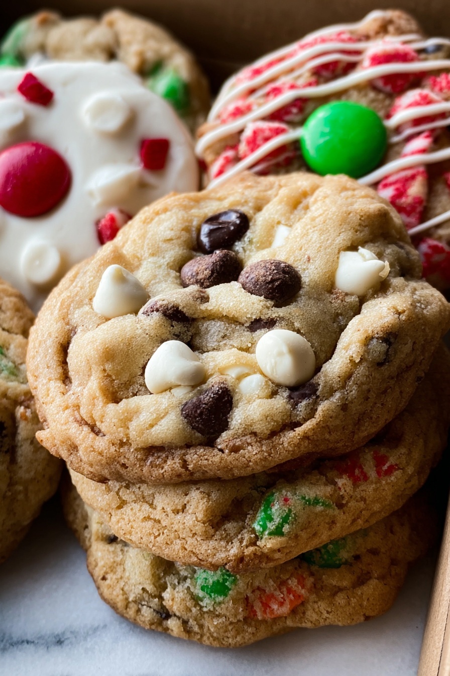 Christmas Chocolate Chip Cookies, holiday chocolate chip cookie recipe, festive Christmas cookies, soft chewy chocolate chip cookies, easy Christmas baking - The image shows a close-up of a single soft cookie on a black wire cooling rack over a wooden surface. The cookie has a slightly bumpy texture with visible small red and green candy pieces and white and dark chocolate chips spread throughout the light brown dough. The cookie looks thick and round with rough edges, and there are more similar cookies partially visible around it. The overall look is colorful with a mix of smooth and chunky textures. Photo taken with an iphone --ar 2:3 --v 7