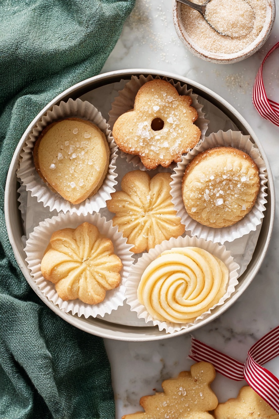 Danish Butter Cookies, Danish Butter Cookies recipe, how to make Danish Butter Cookies, homemade Danish Butter Cookies, classic Danish cookies - A round white container filled with five light golden cookies, each placed in white paper cups. The cookies have different shapes and textures: one is a heart with two holes and sugar crystals on top, two have soft swirling patterns with sugar crystals, and two have star-like ridged patterns. Around the container are more cookies in white paper cups and a small bowl holding coarse sugar. A green cloth and a ribbon with red stripes are near the container on a white marbled surface. photo taken with an iphone --ar 2:3 --v 7